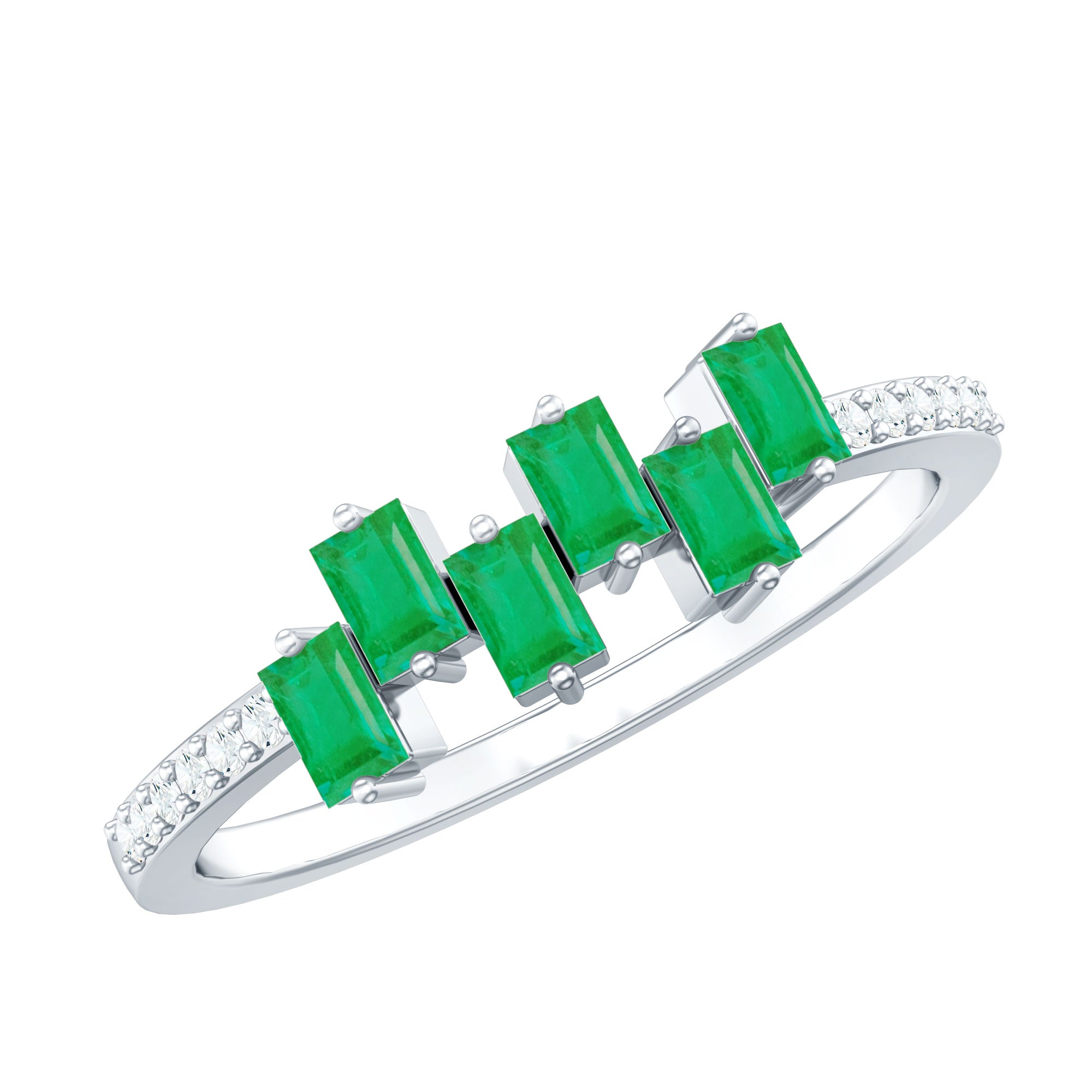 Baguette Cut Emerald Promise Ring with Diamond Side Stones