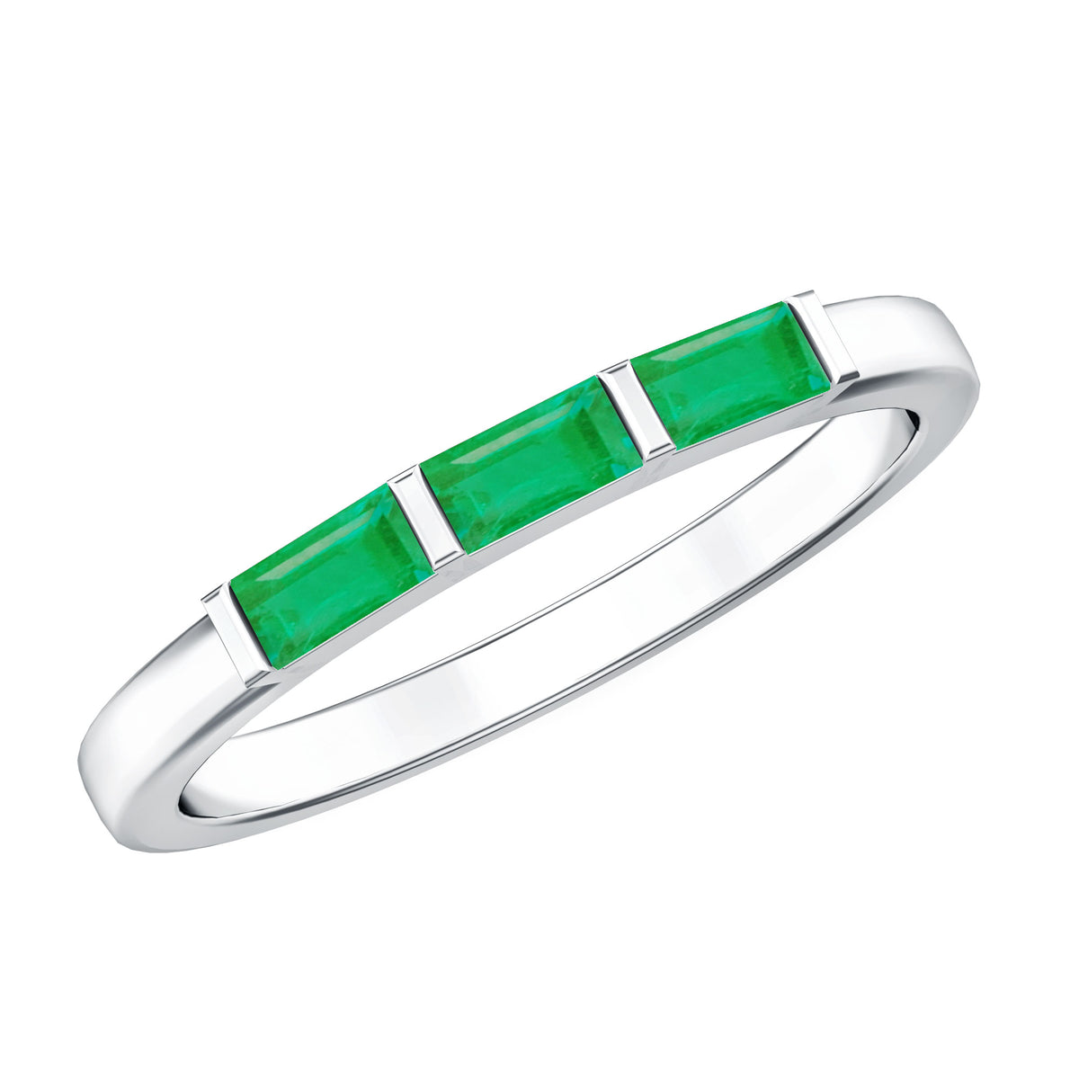 Baguette Cut Real Emerald 3 Stone Ring with Certificate AAA - Rosec Jewels