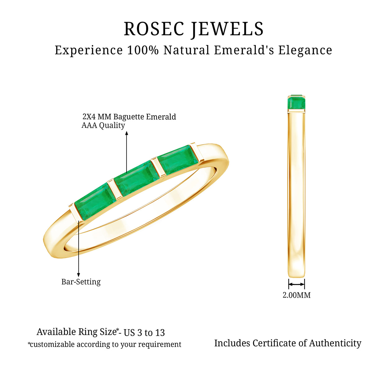 Baguette Cut Real Emerald 3 Stone Ring with Certificate AAA - Rosec Jewels
