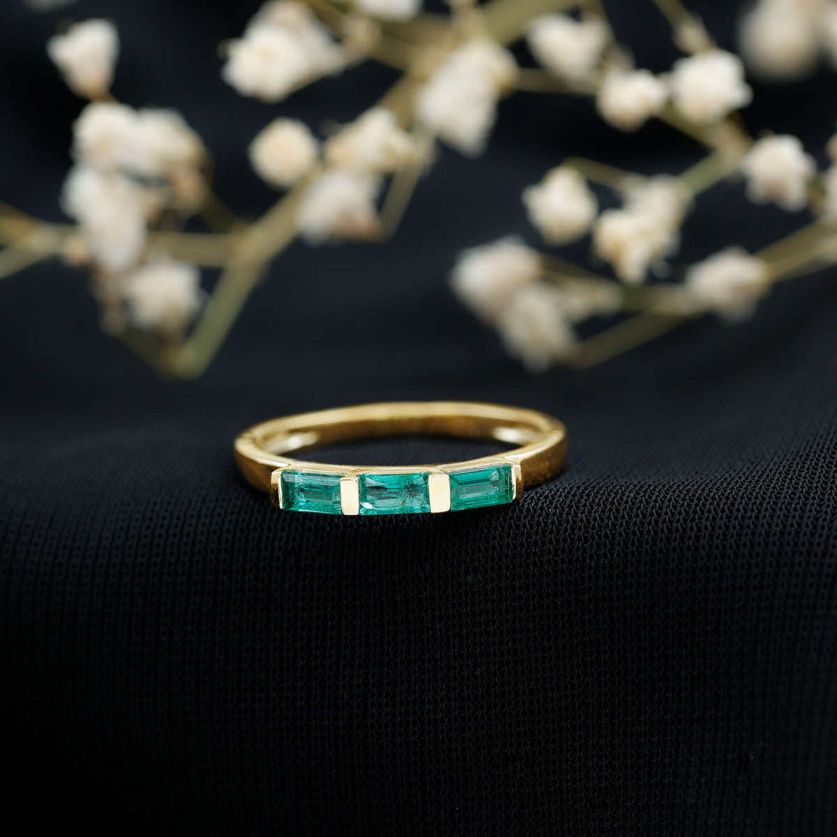Baguette Cut Real Emerald 3 Stone Ring with Certificate AAA - Rosec Jewels