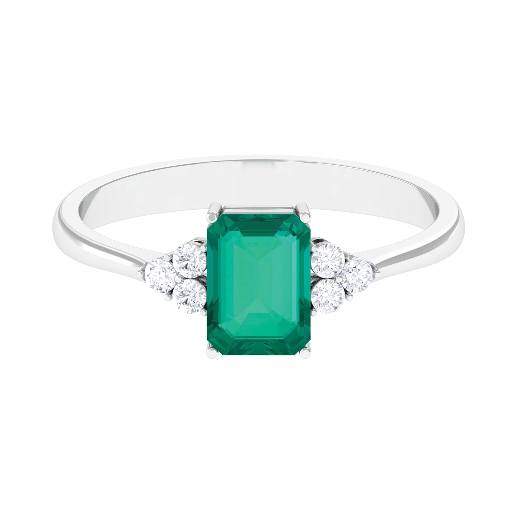 Octagon Cut Emerald Engagement Ring with Diamond Trio