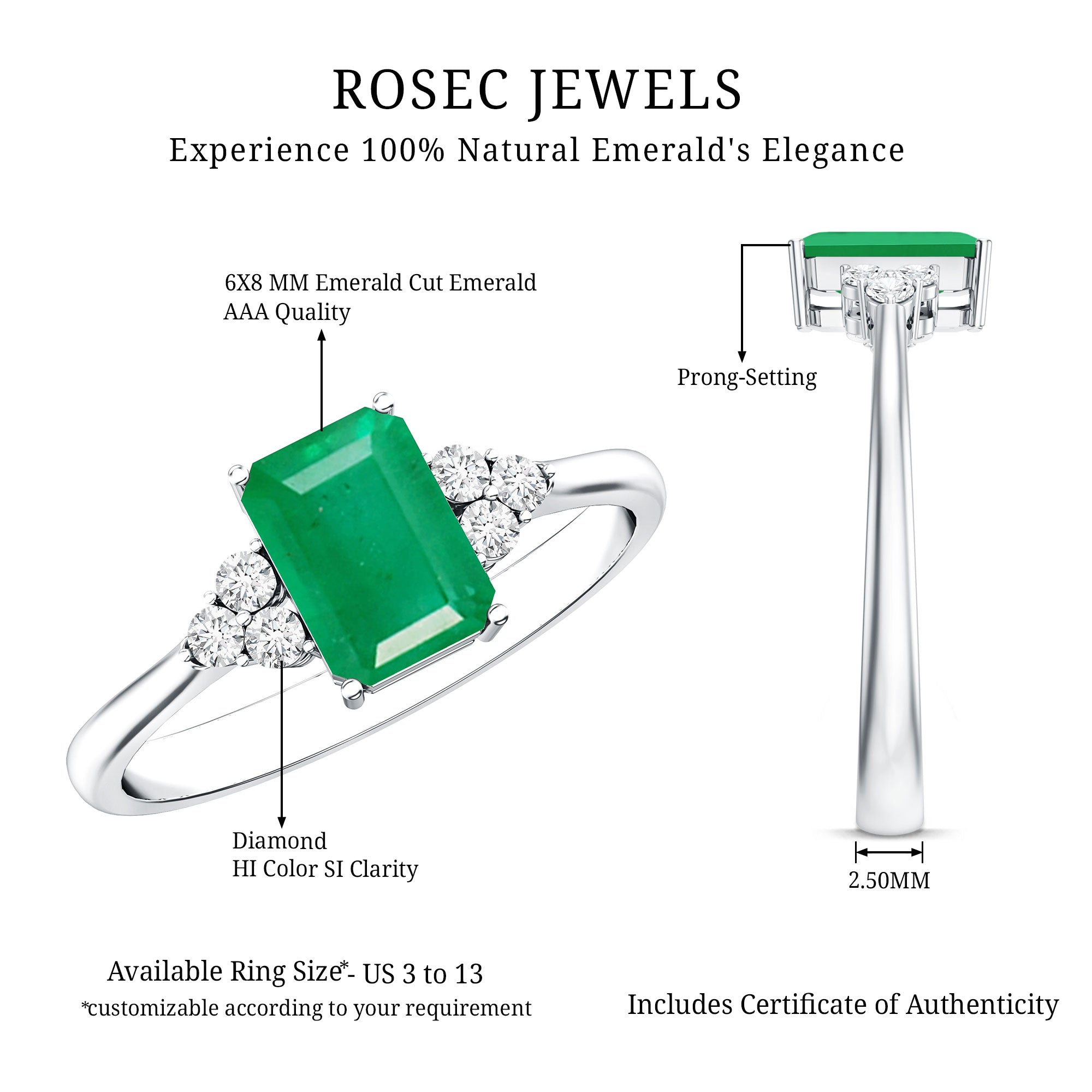 Octagon Cut Emerald Engagement Ring with Diamond Trio AAA - Rosec Jewels