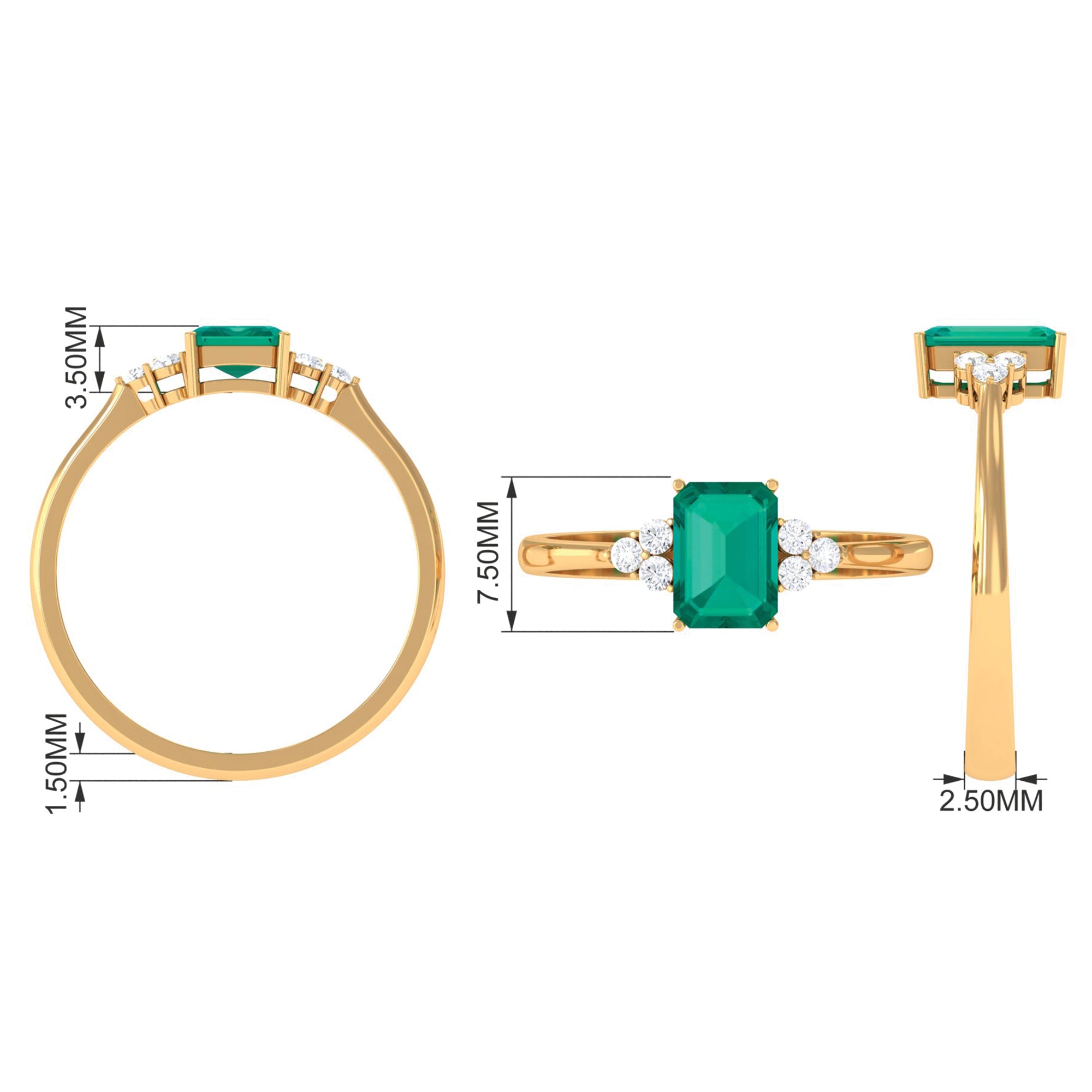 Octagon Cut Emerald Engagement Ring with Diamond Trio AAA - Rosec Jewels