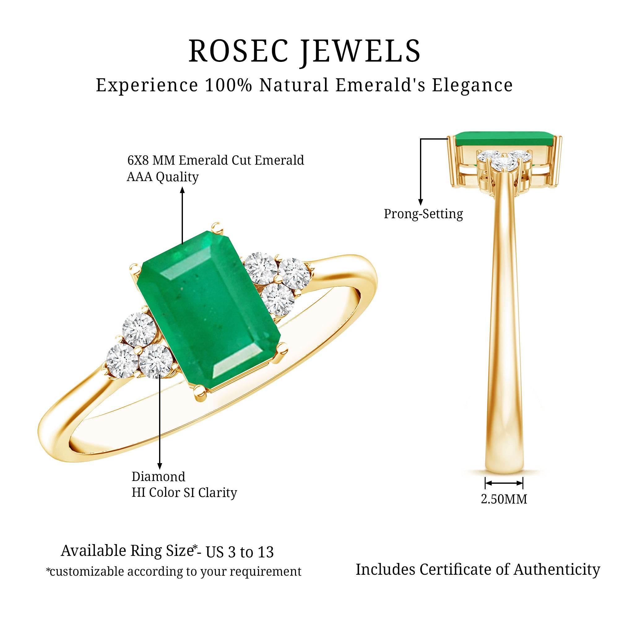 Octagon Cut Emerald Engagement Ring with Diamond Trio AAA - Rosec Jewels