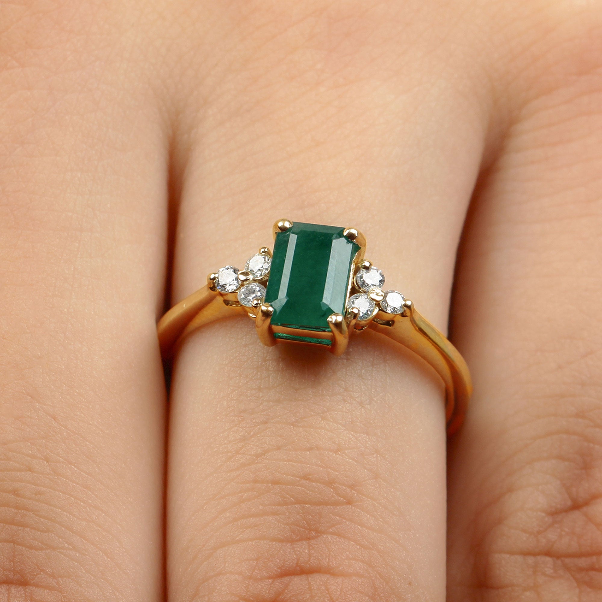 Octagon Cut Emerald Engagement Ring with Diamond Trio AAA - Rosec Jewels