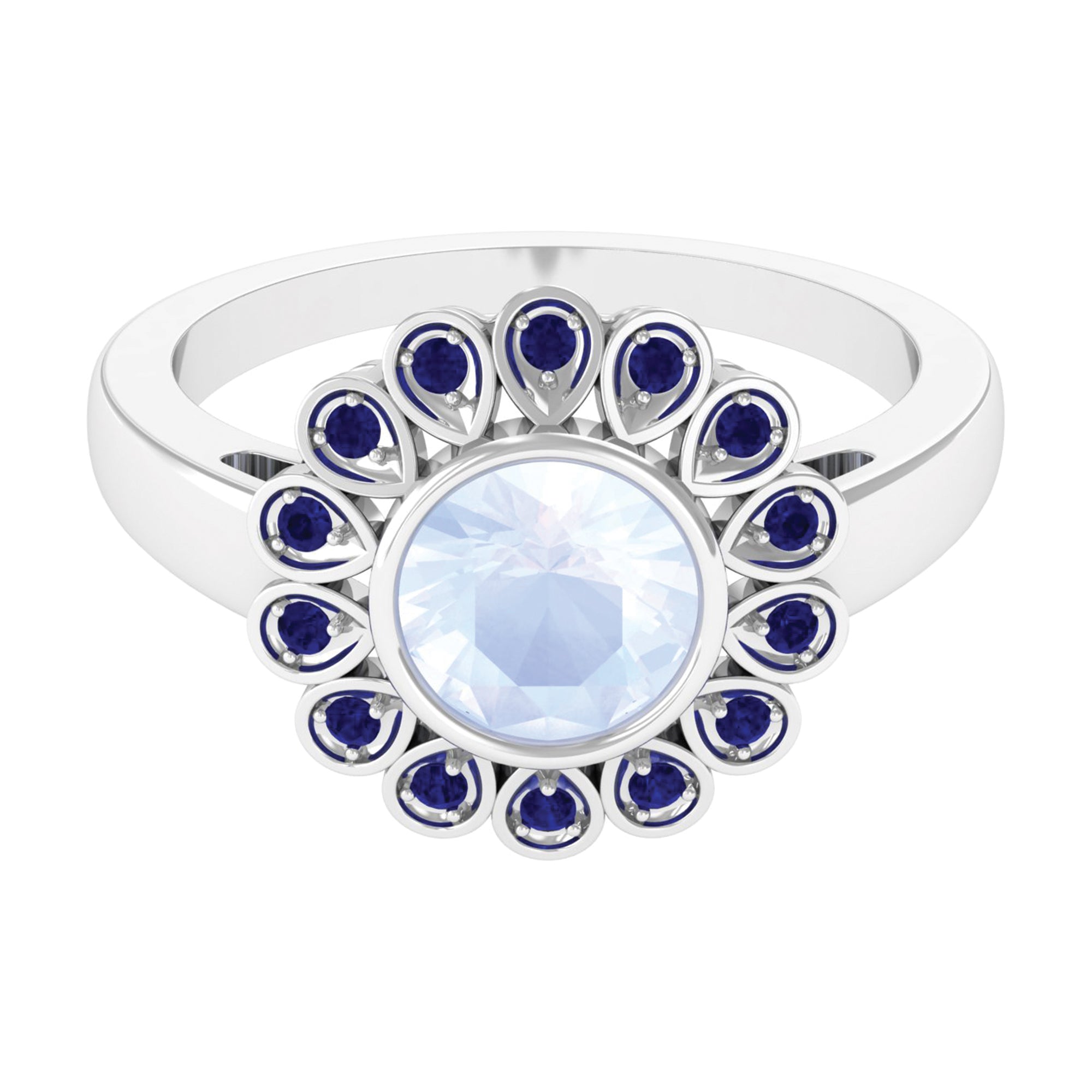 Rosec Jewels-1.25 CT Bezel Set Moonstone Vintage Inspired Engagement Ring with Blue Sapphire