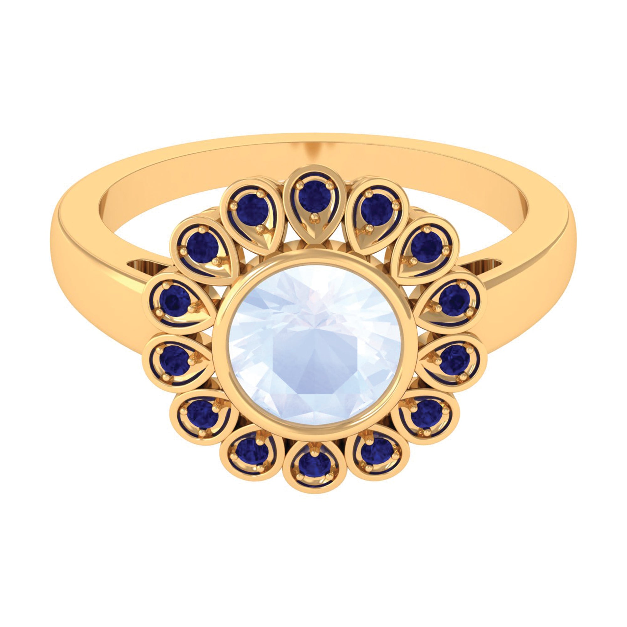 Rosec Jewels-1.25 CT Bezel Set Moonstone Vintage Inspired Engagement Ring with Blue Sapphire