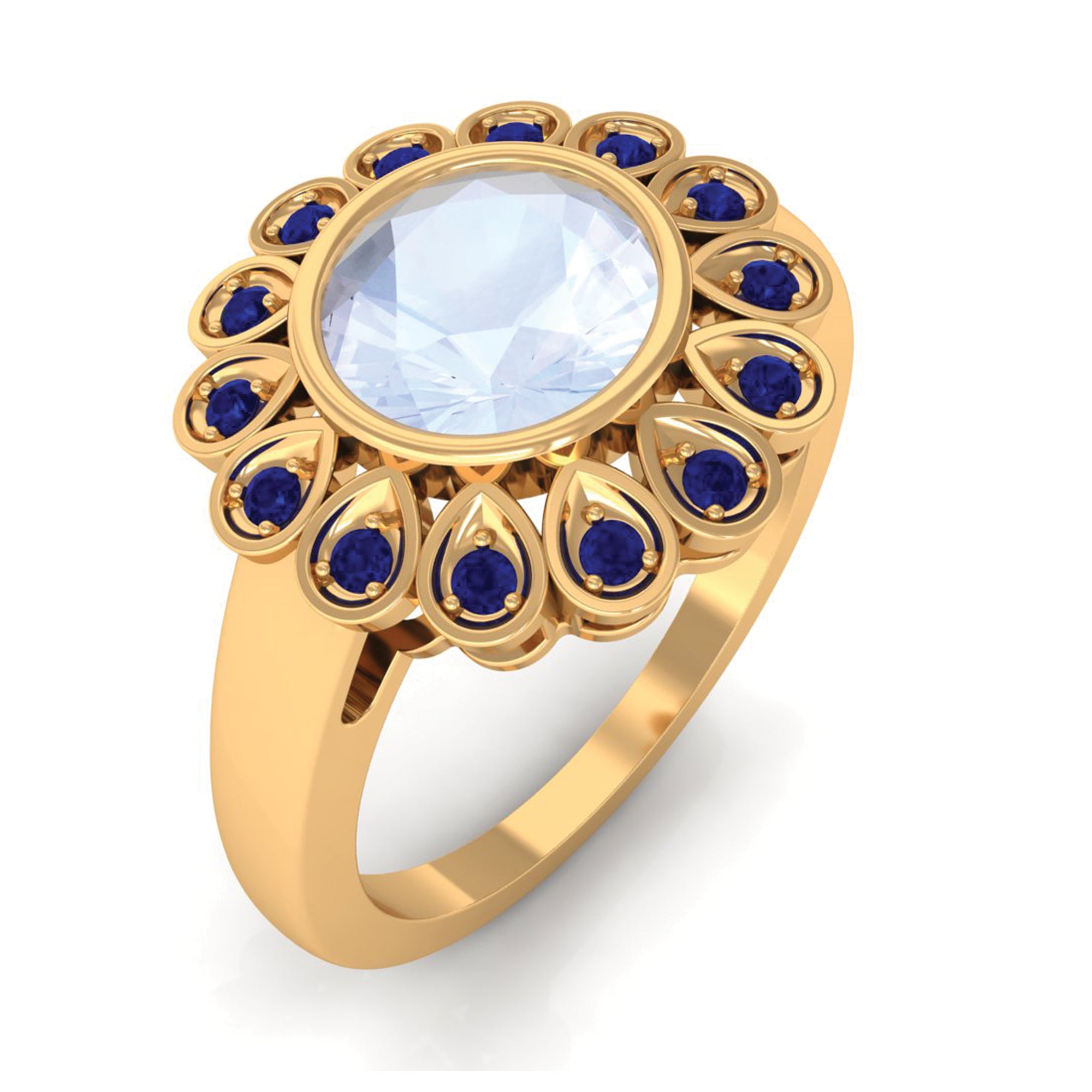 Rosec Jewels-1.25 CT Bezel Set Moonstone Vintage Inspired Engagement Ring with Blue Sapphire