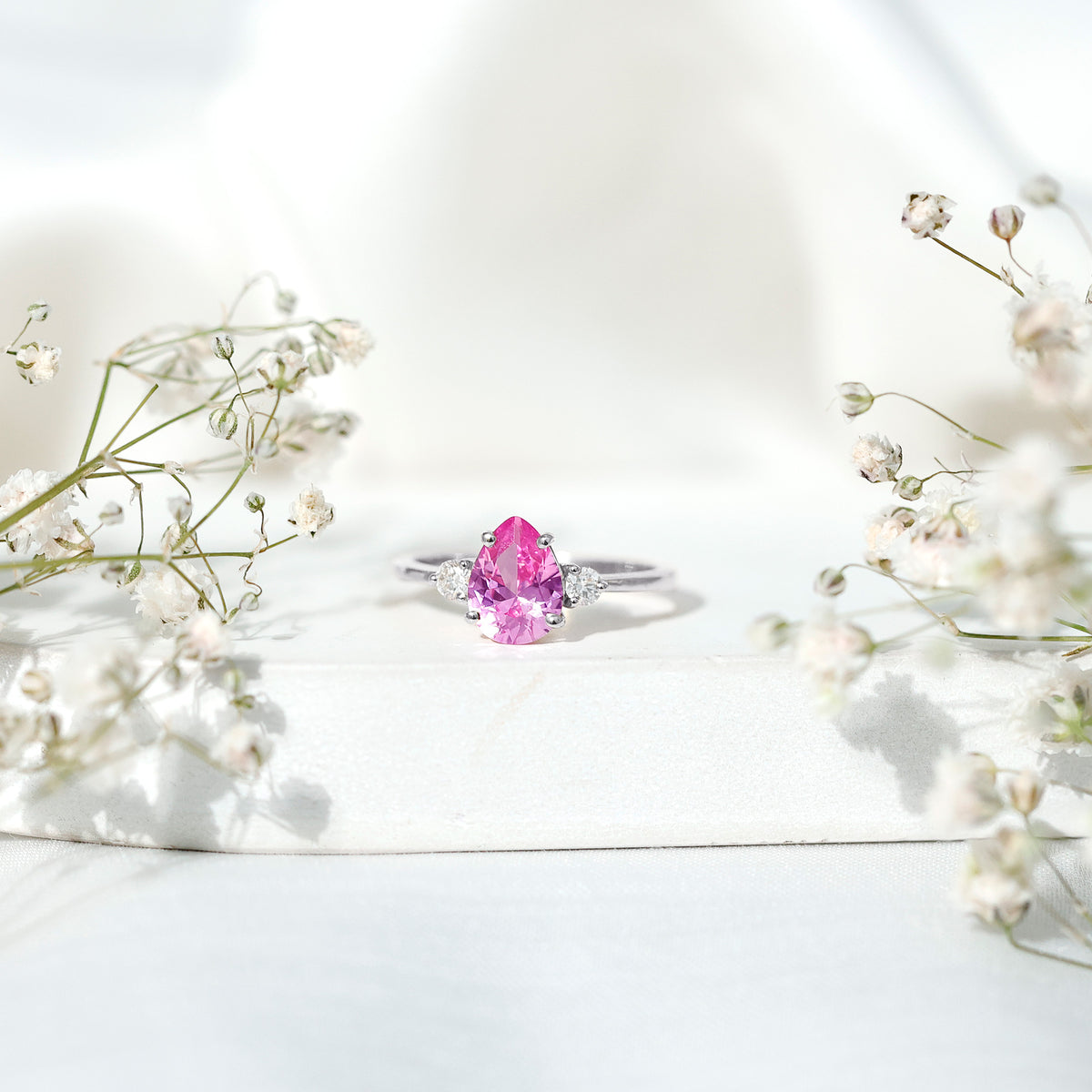1 CT Lab Grown Pink Sapphire Teardrop Engagement Ring with Diamond AAAA - Rosec Jewels