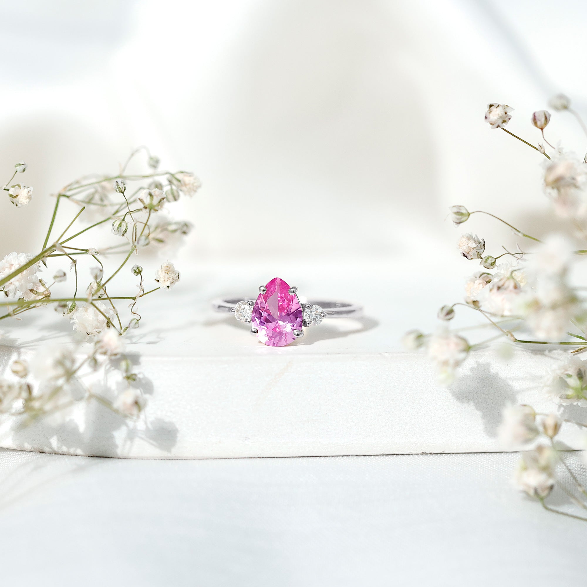 1 CT Lab Grown Pink Sapphire Teardrop Engagement Ring with Diamond AAAA - Rosec Jewels
