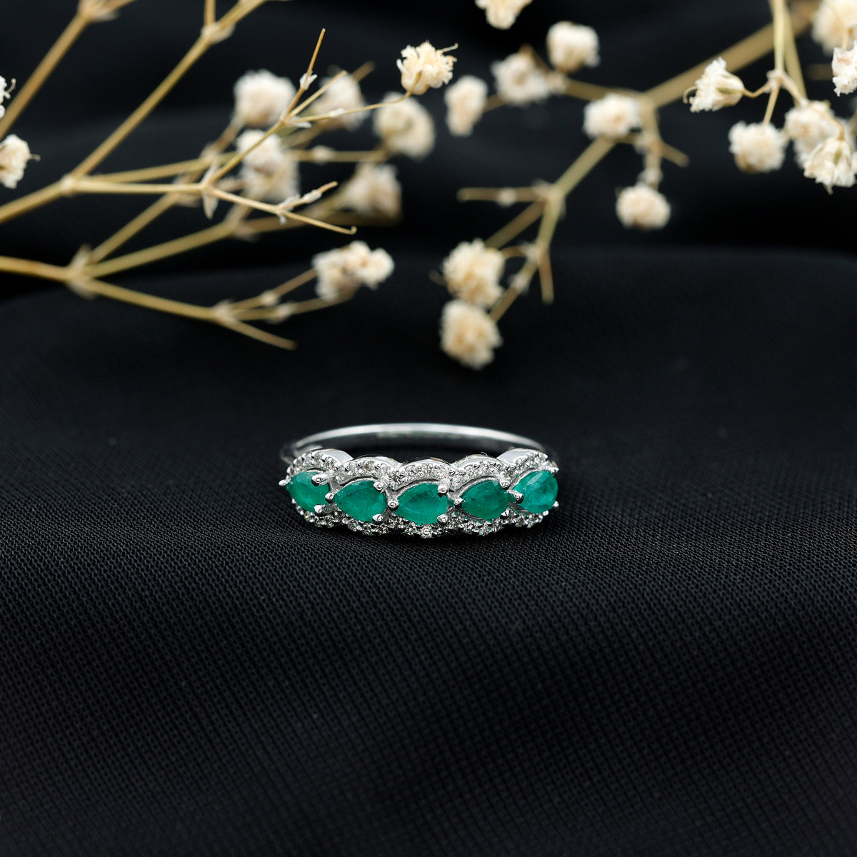 Pear Shape Emerald Anniversary Wedding Ring with Diamond Accent AAA - Rosec Jewels