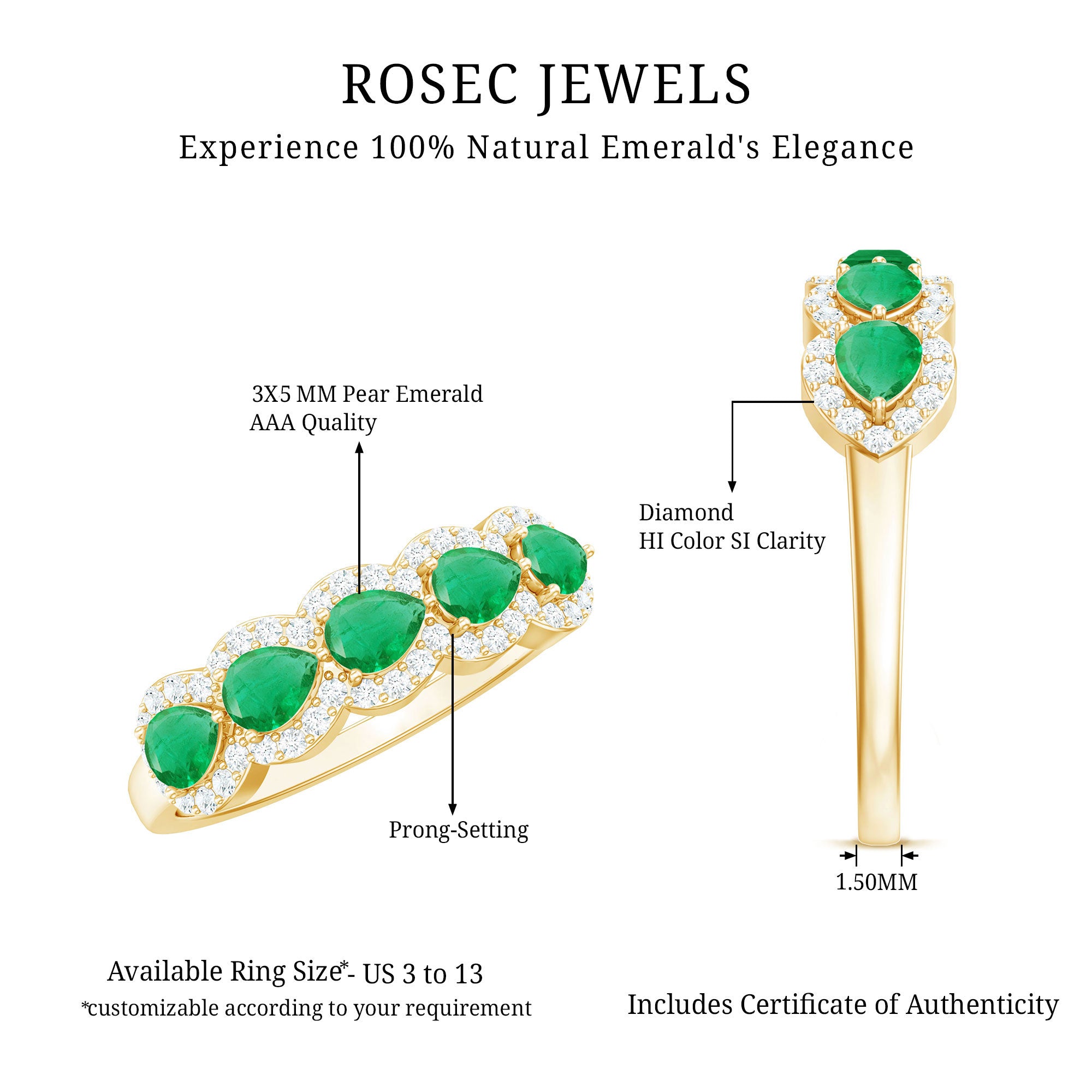 Rosec Jewels-Pear Shape Emerald Anniversary Wedding Ring with Diamond Accent