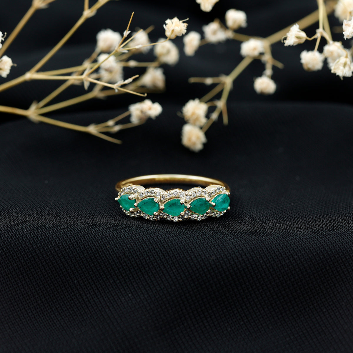 Pear Shape Emerald Anniversary Wedding Ring with Diamond Accent AAA - Rosec Jewels