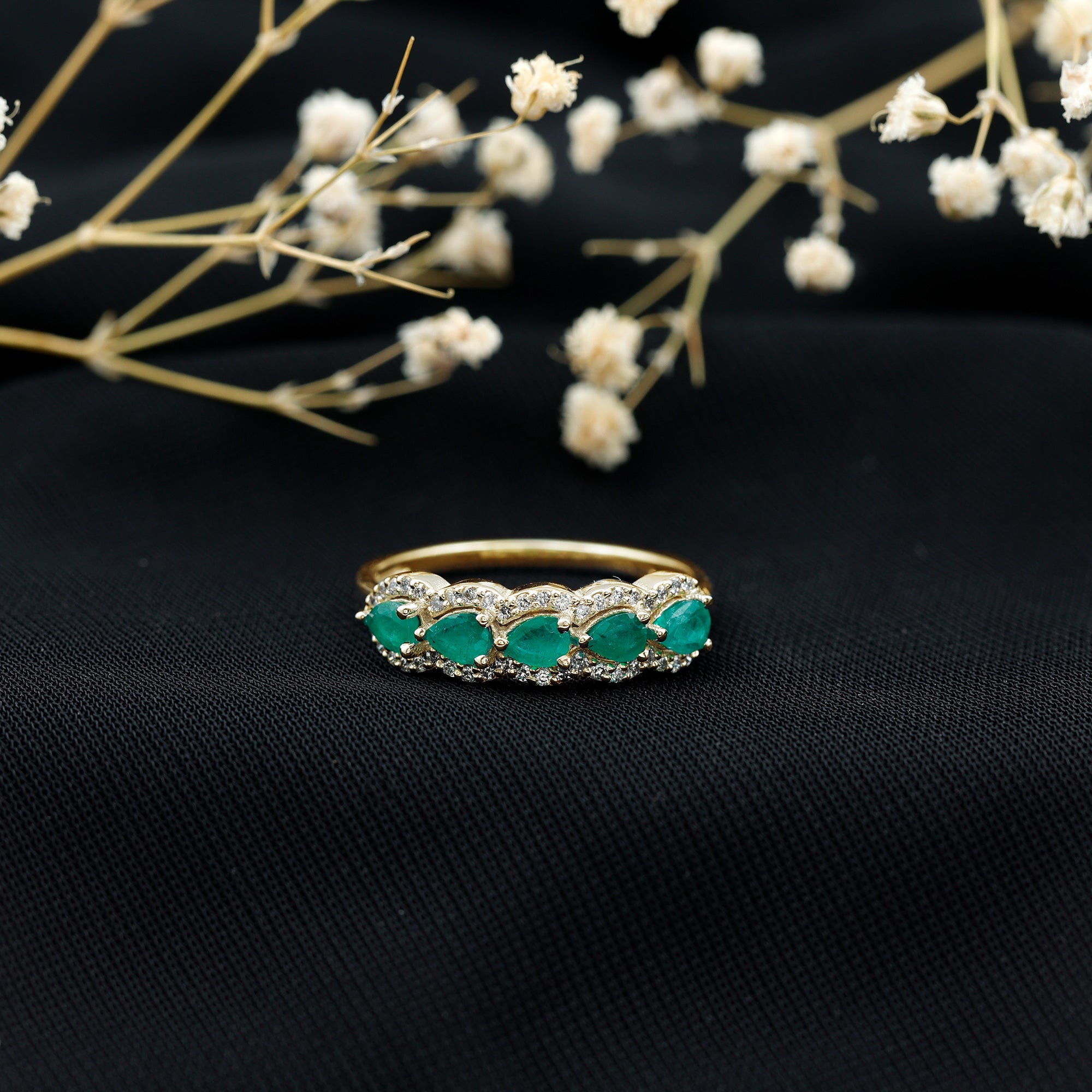 Rosec Jewels-Pear Shape Emerald Anniversary Wedding Ring with Diamond Accent