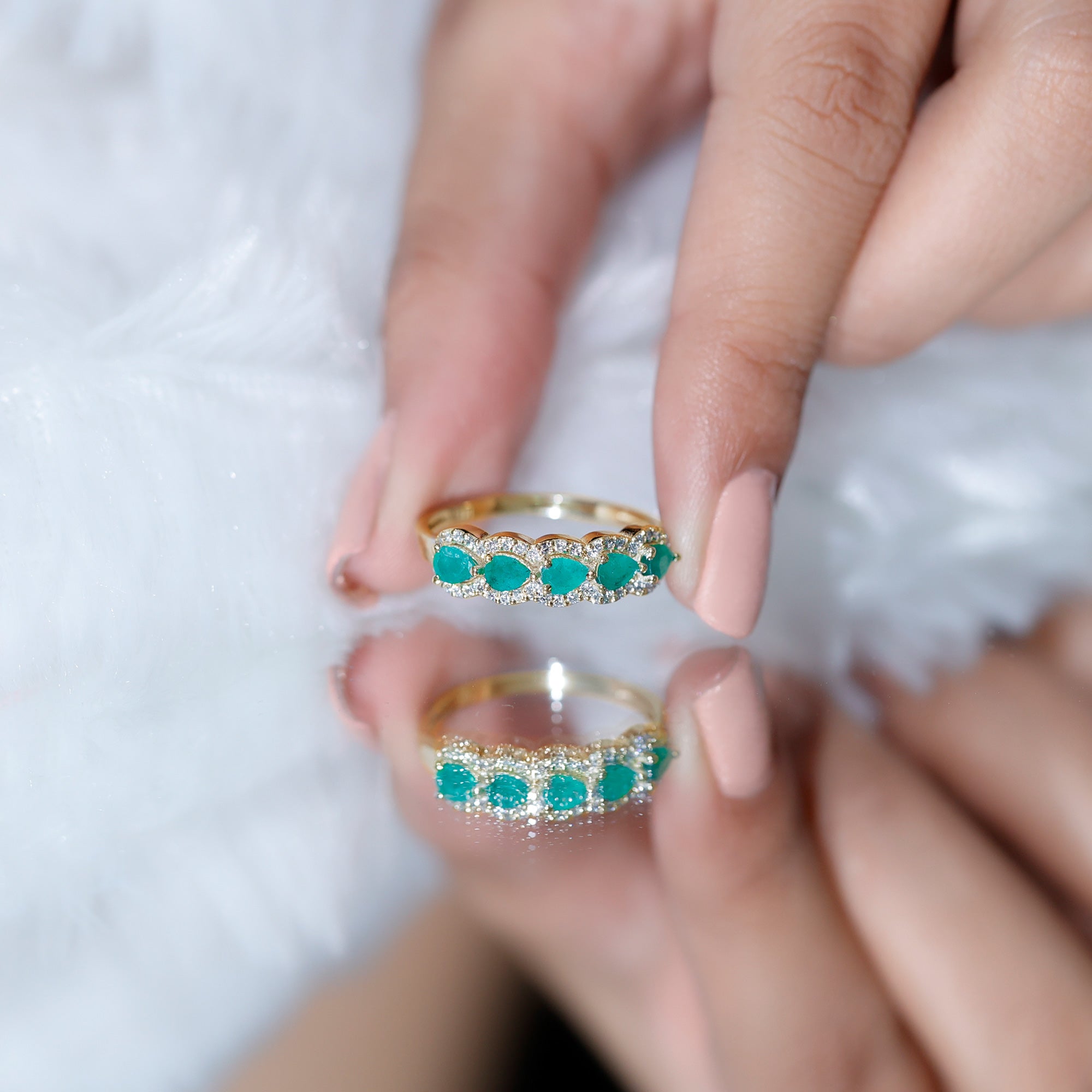 Rosec Jewels-Pear Shape Emerald Anniversary Wedding Ring with Diamond Accent