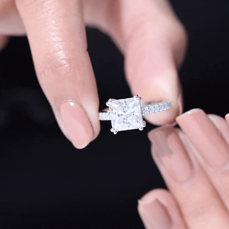 8 MM Princess Cut Moissanite Solitaire Engagement Ring with Side Stones Moissanite - ( D-VS1 ) - Color and Clarity - Rosec Jewels