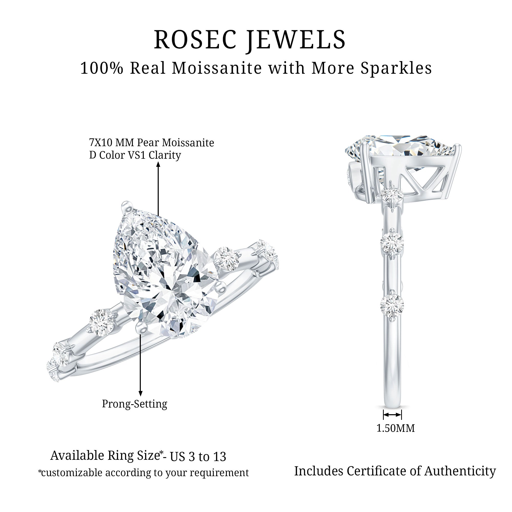Pear Shaped Moissanite Engagement Ring with Spaced Accent D-VS1 - Rosec Jewels