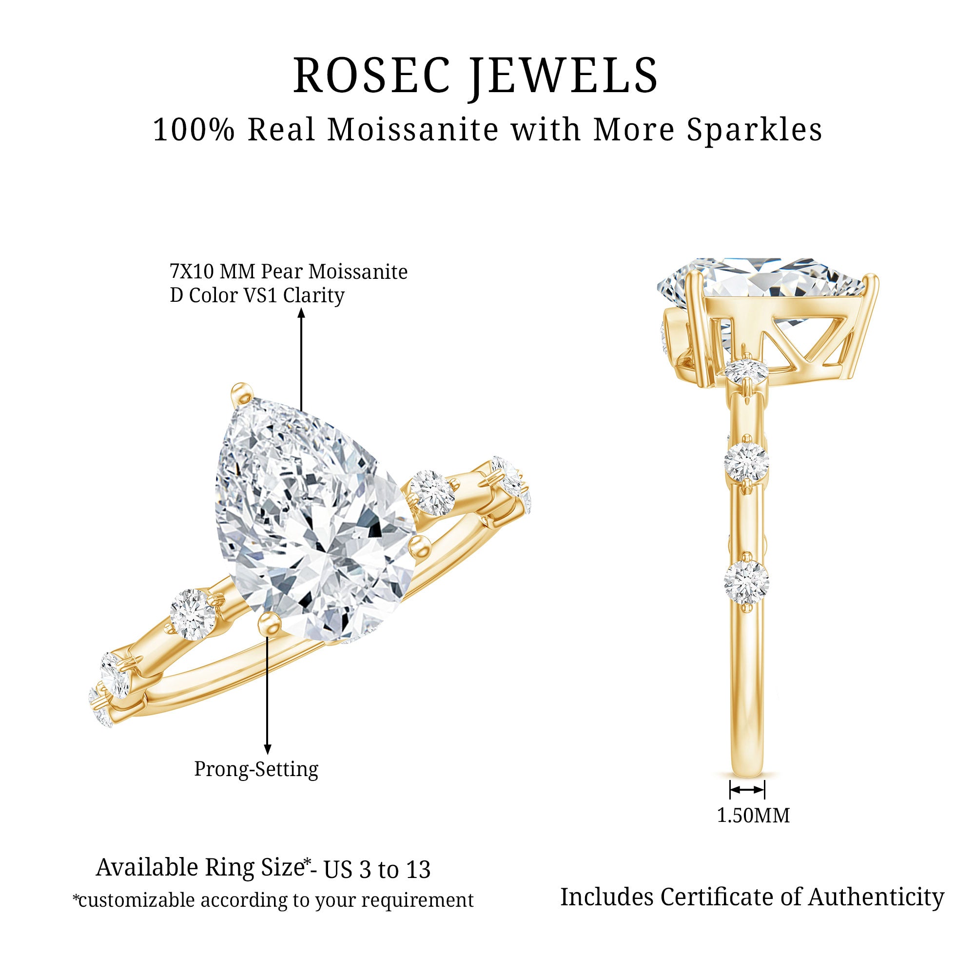 Pear Shaped Moissanite Engagement Ring with Spaced Accent D-VS1 - Rosec Jewels