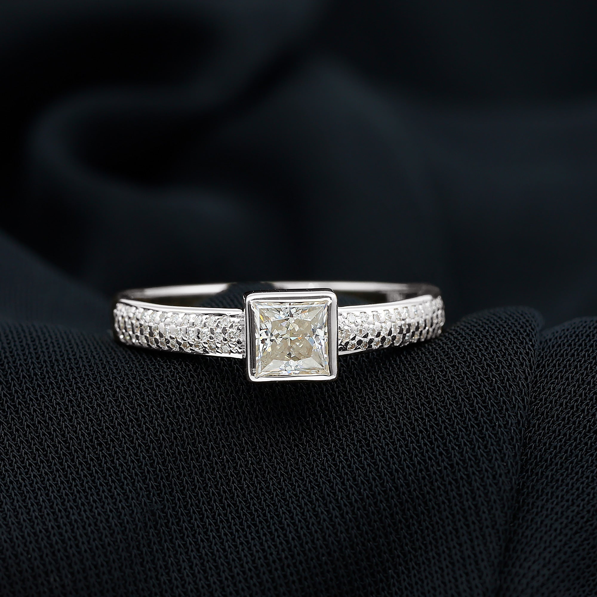 Princess Cut Moissanite Solitaire Engagement Ring in Bezel Setting Moissanite - ( D-VS1 ) - Color and Clarity - Rosec Jewels