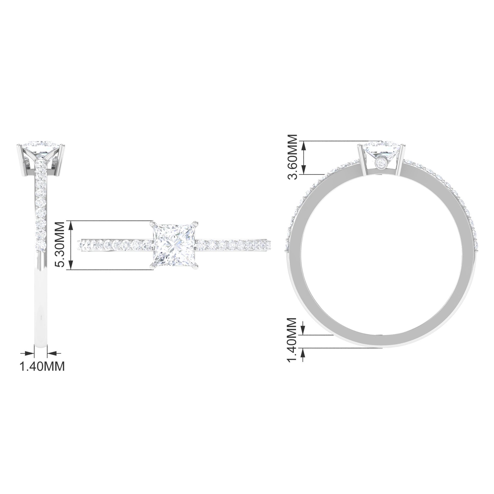 3/4 CT Princess Cut Zircon Solitaire Ring with Surprise and Side Stones AAAA - Rosec Jewels