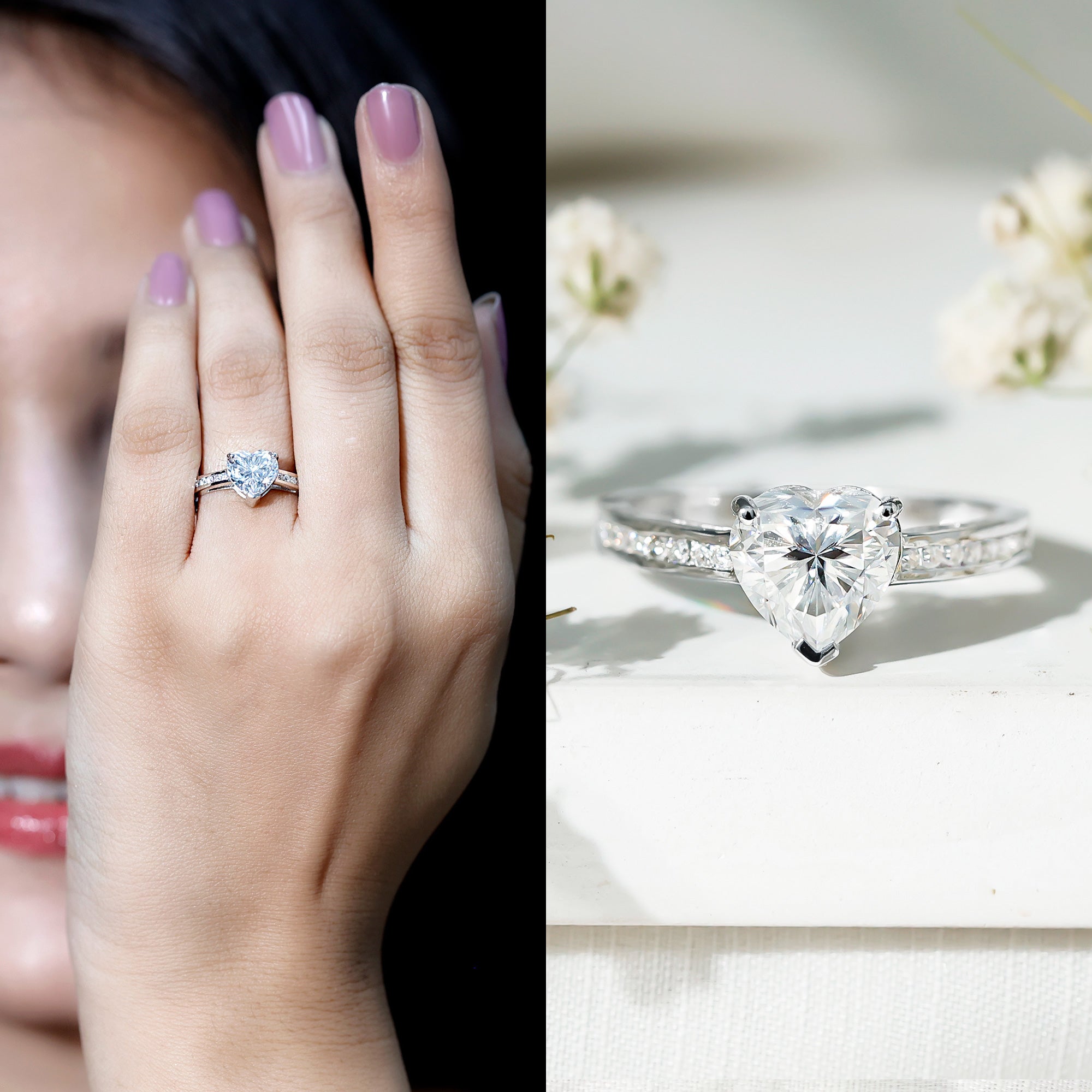 Moissanite 8MM Heart Engagement Ring with Side Stones D-VS1 - Rosec Jewels