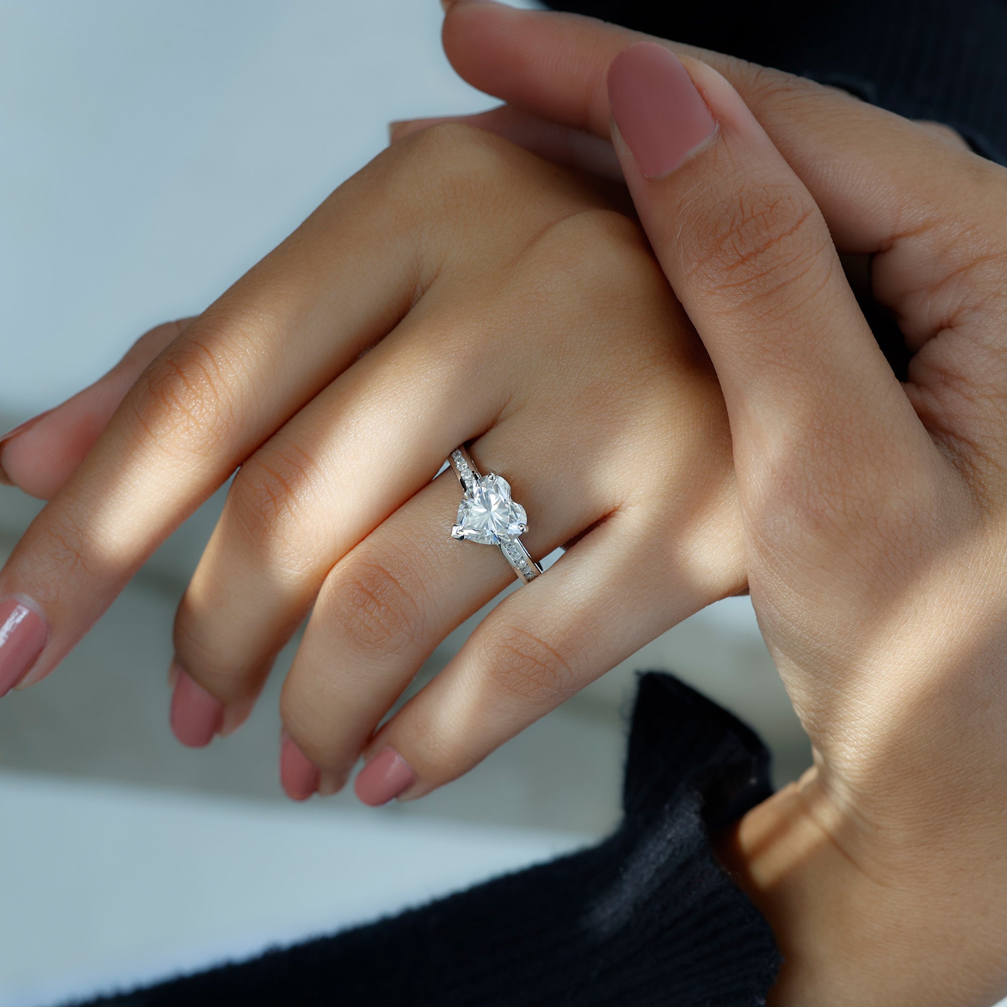 Moissanite 8MM Heart Engagement Ring with Side Stones D-VS1 - Rosec Jewels