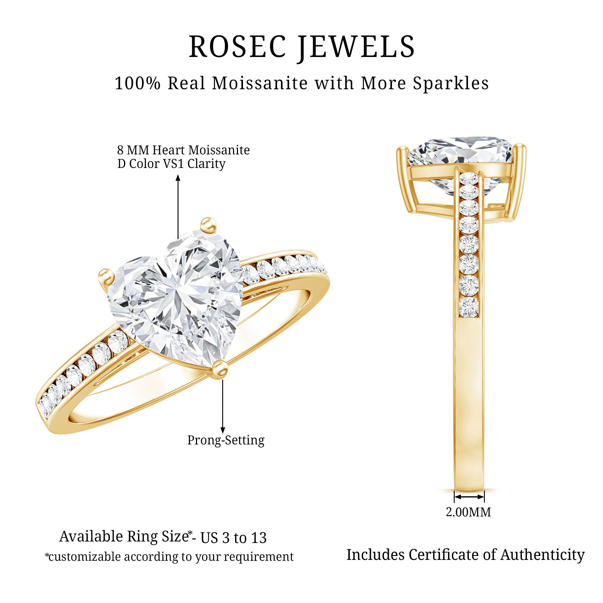 Moissanite 8MM Heart Engagement Ring with Side Stones D-VS1 - Rosec Jewels