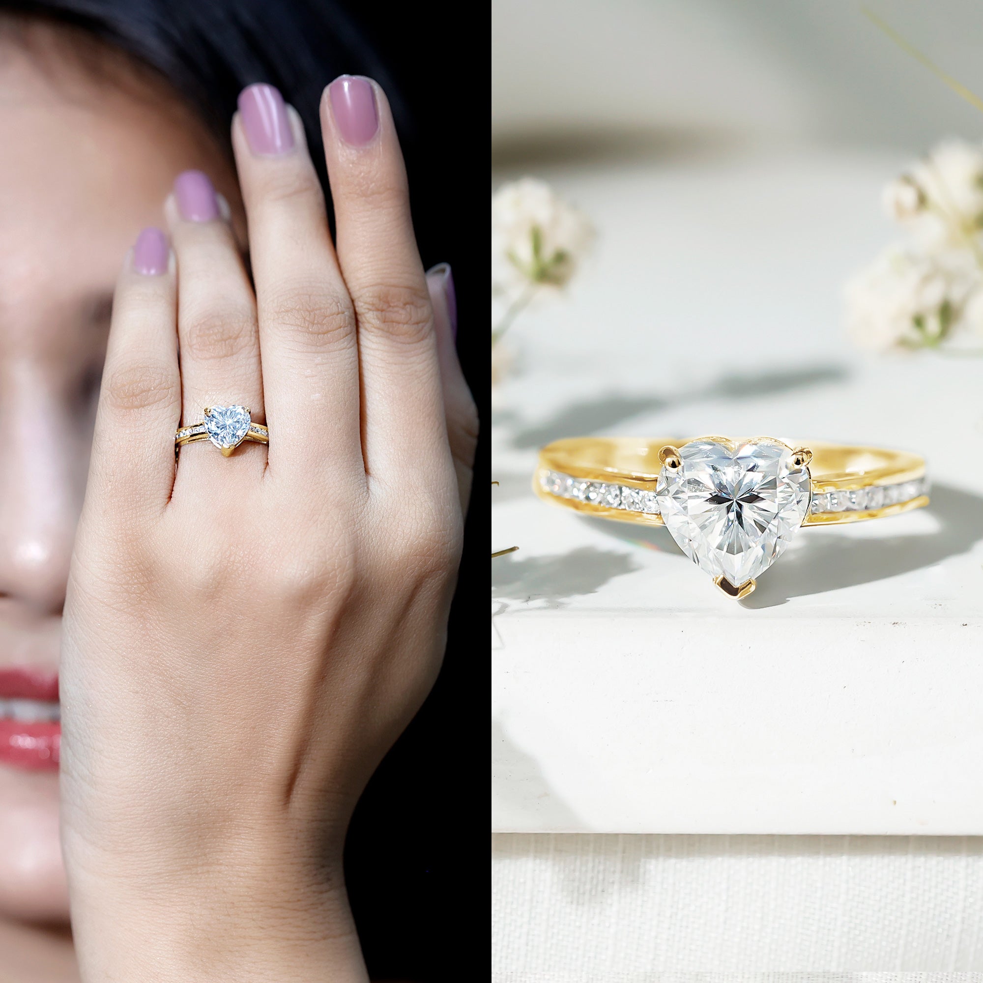 Moissanite 8MM Heart Engagement Ring with Side Stones D-VS1 - Rosec Jewels