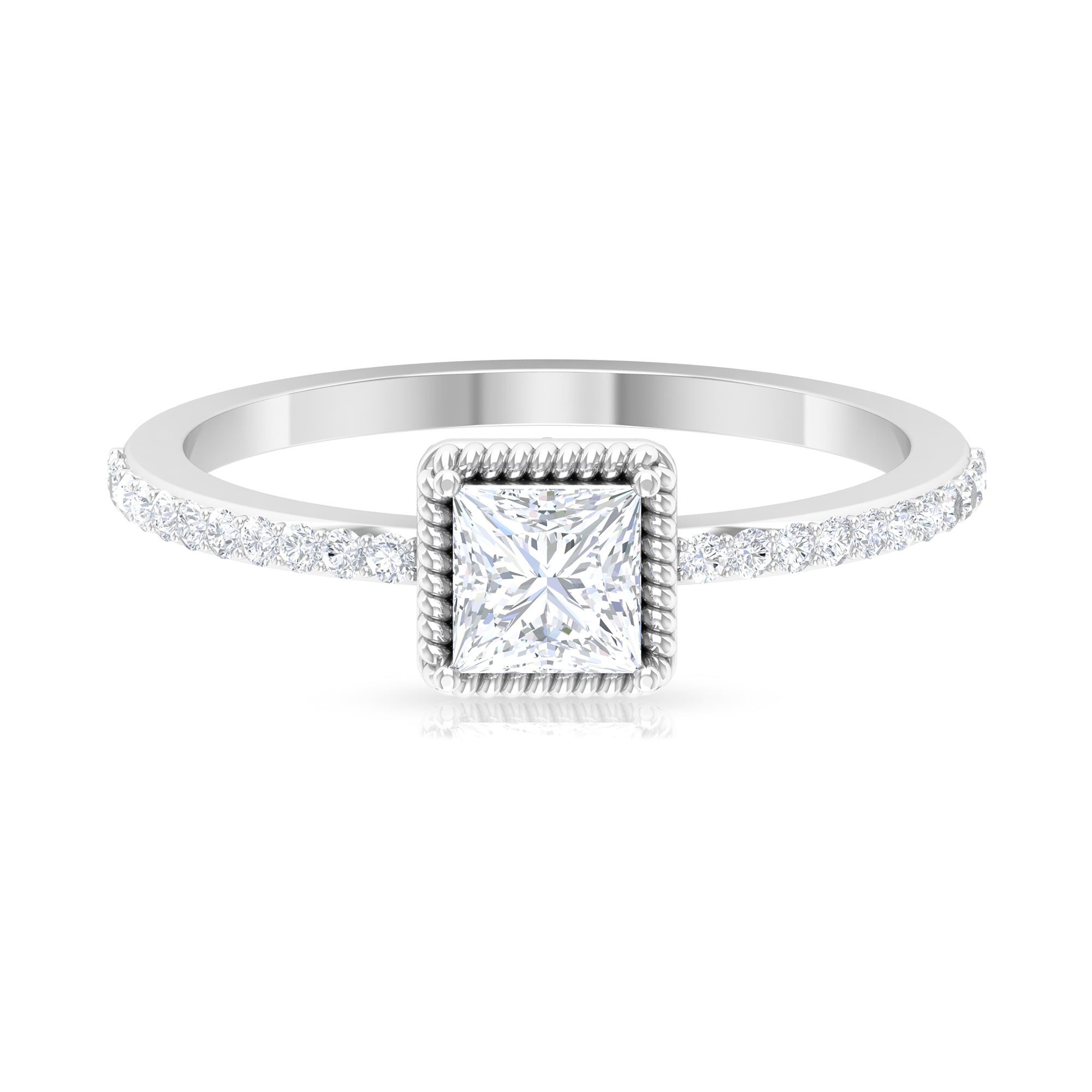 3/4 CT Princess Cut Zircon Solitaire Ring with Side Stones AAAA - Rosec Jewels