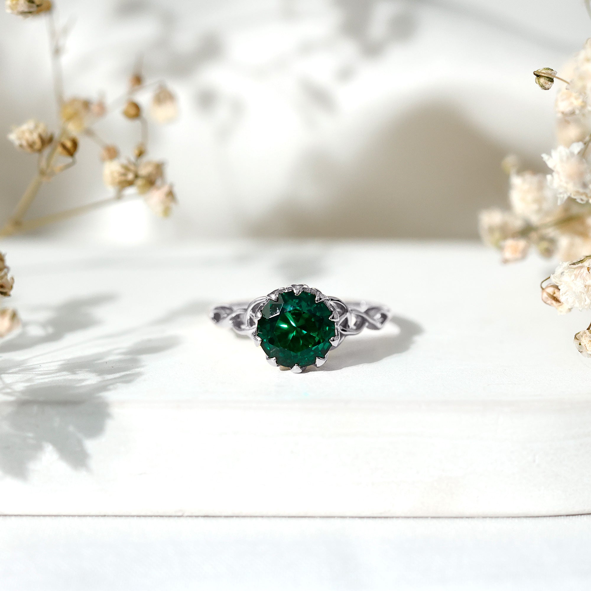 Lotus Basket Set Lab Grown Emerald Knot Engagement Ring AAAA - Rosec Jewels