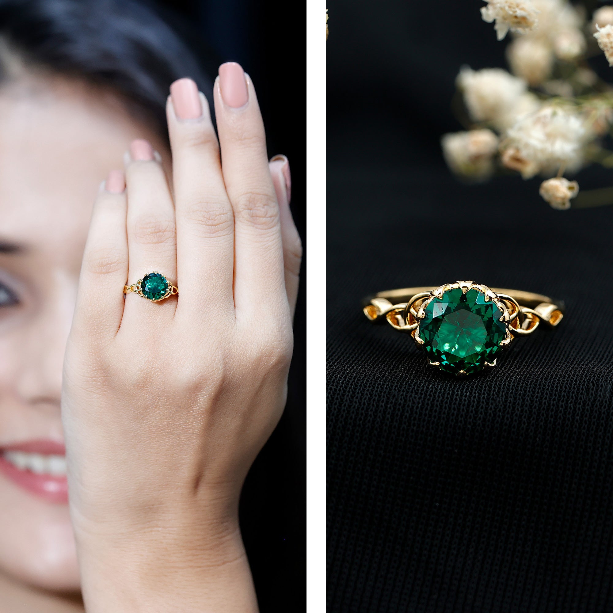 Lotus Basket Set Lab Grown Emerald Knot Engagement Ring AAAA - Rosec Jewels