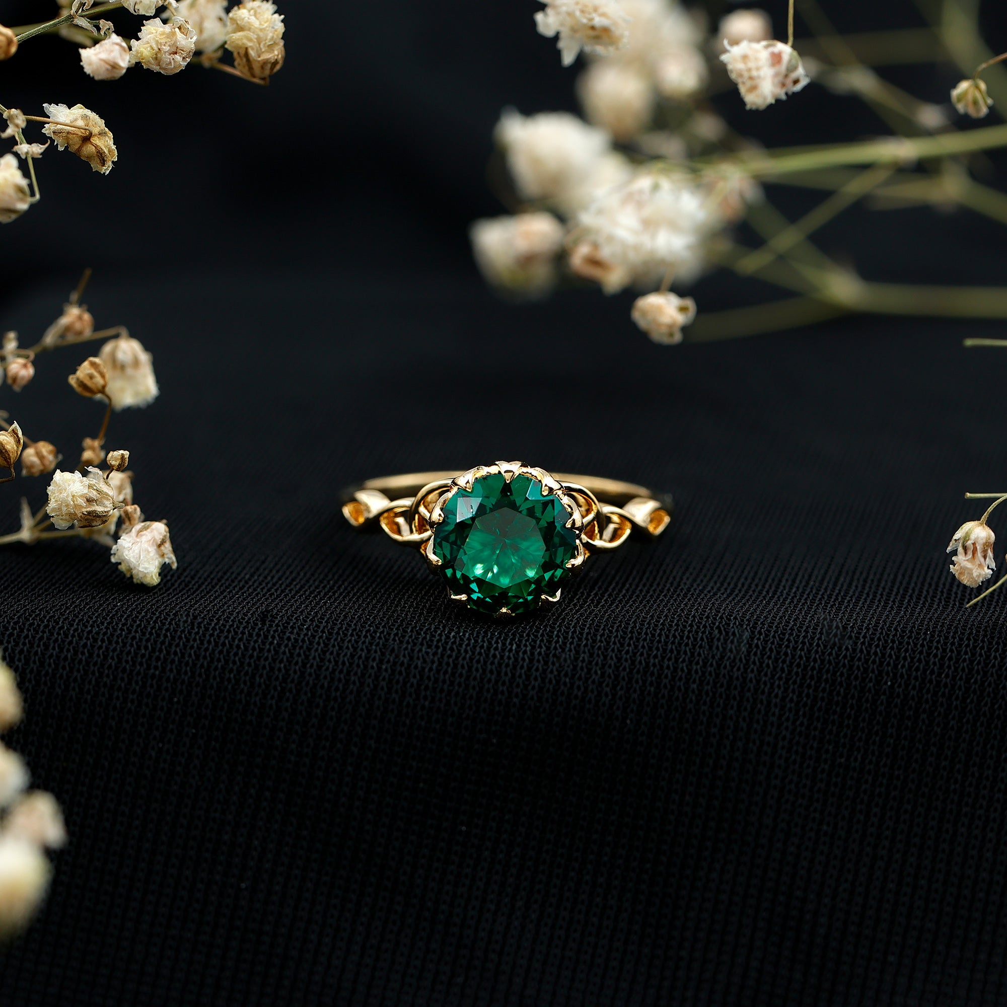Lotus Basket Set Lab Grown Emerald Knot Engagement Ring AAAA - Rosec Jewels