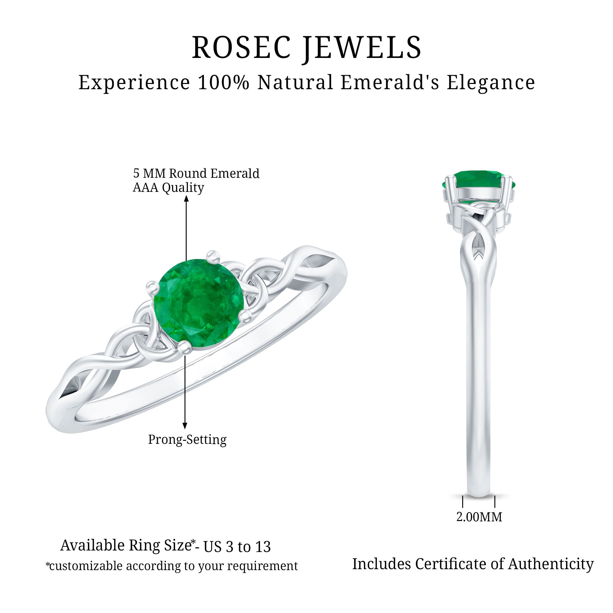 Solitaire Round Emerald Promise Ring with Celtic Band AAA - Rosec Jewels
