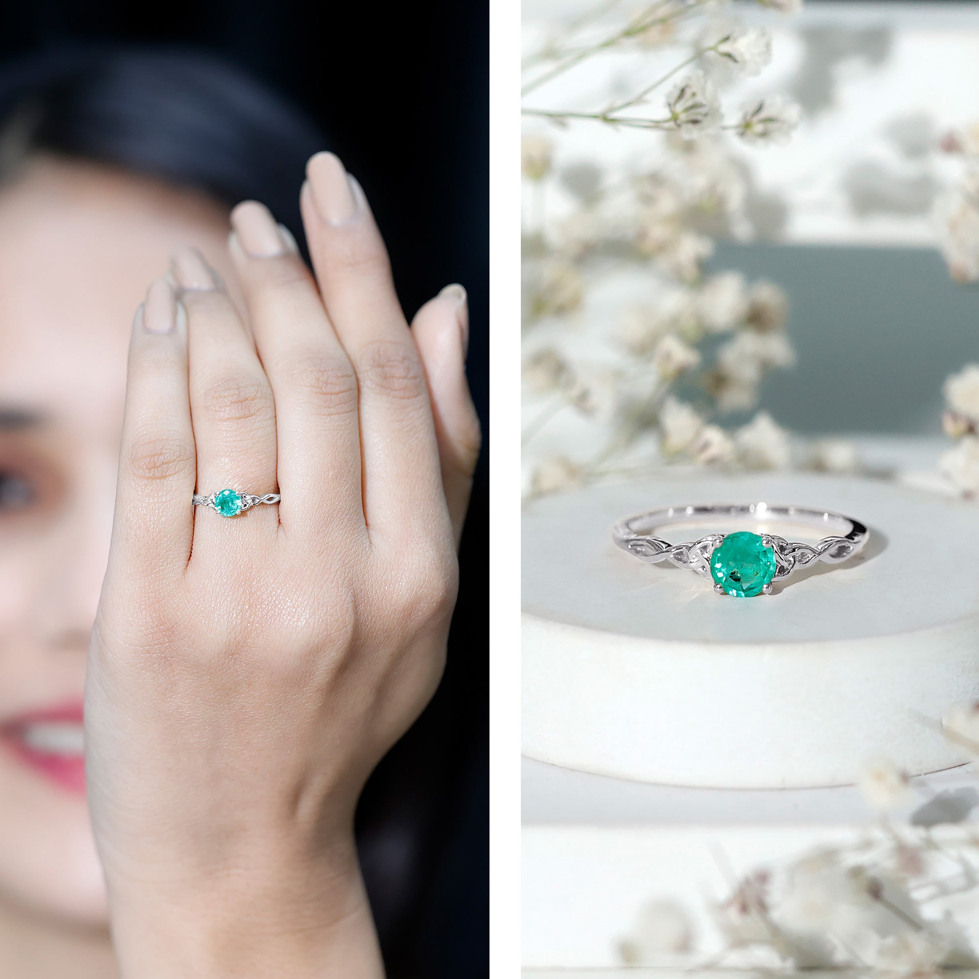 Solitaire Round Emerald Promise Ring with Celtic Band AAA - Rosec Jewels