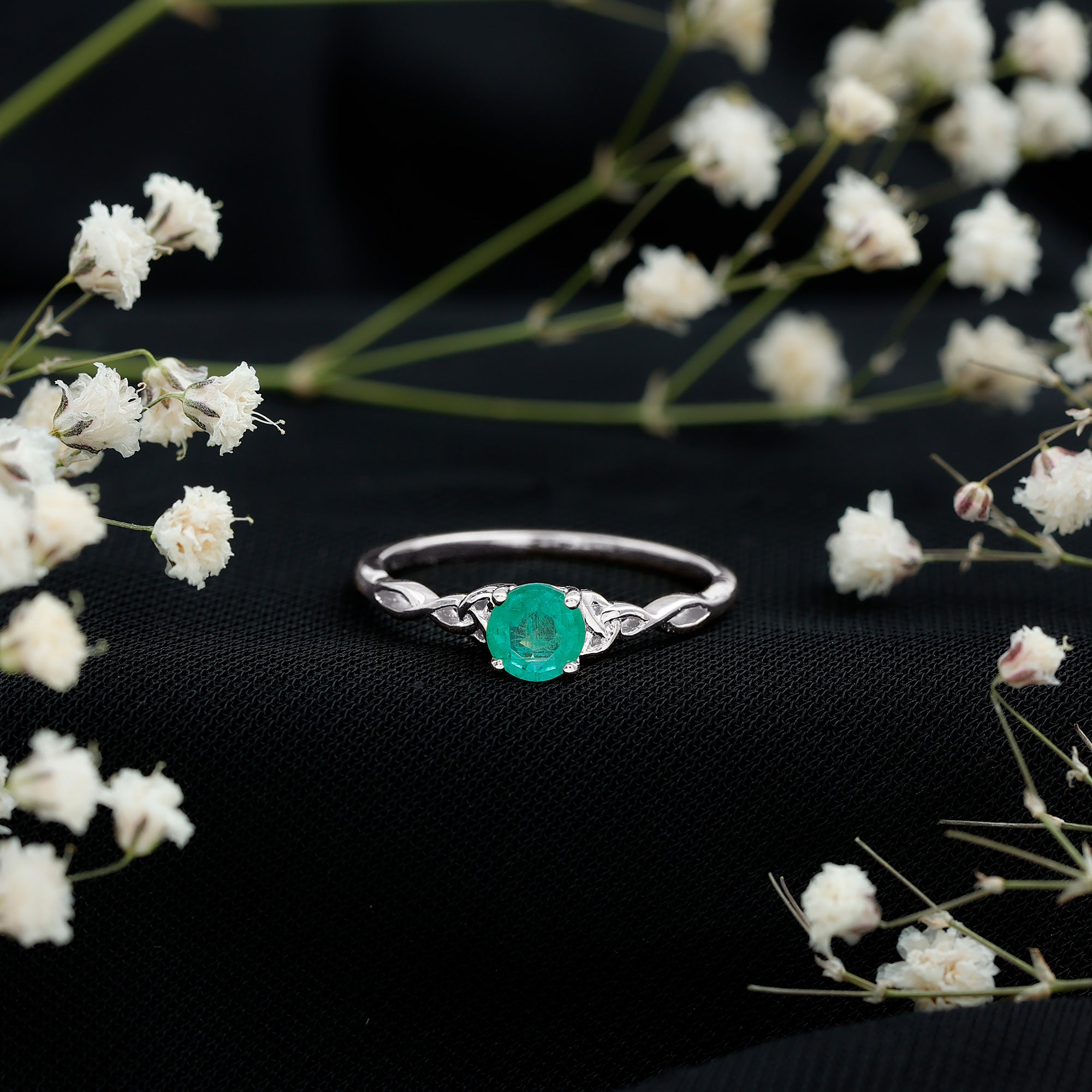 Solitaire Round Emerald Promise Ring with Celtic Band AAA - Rosec Jewels