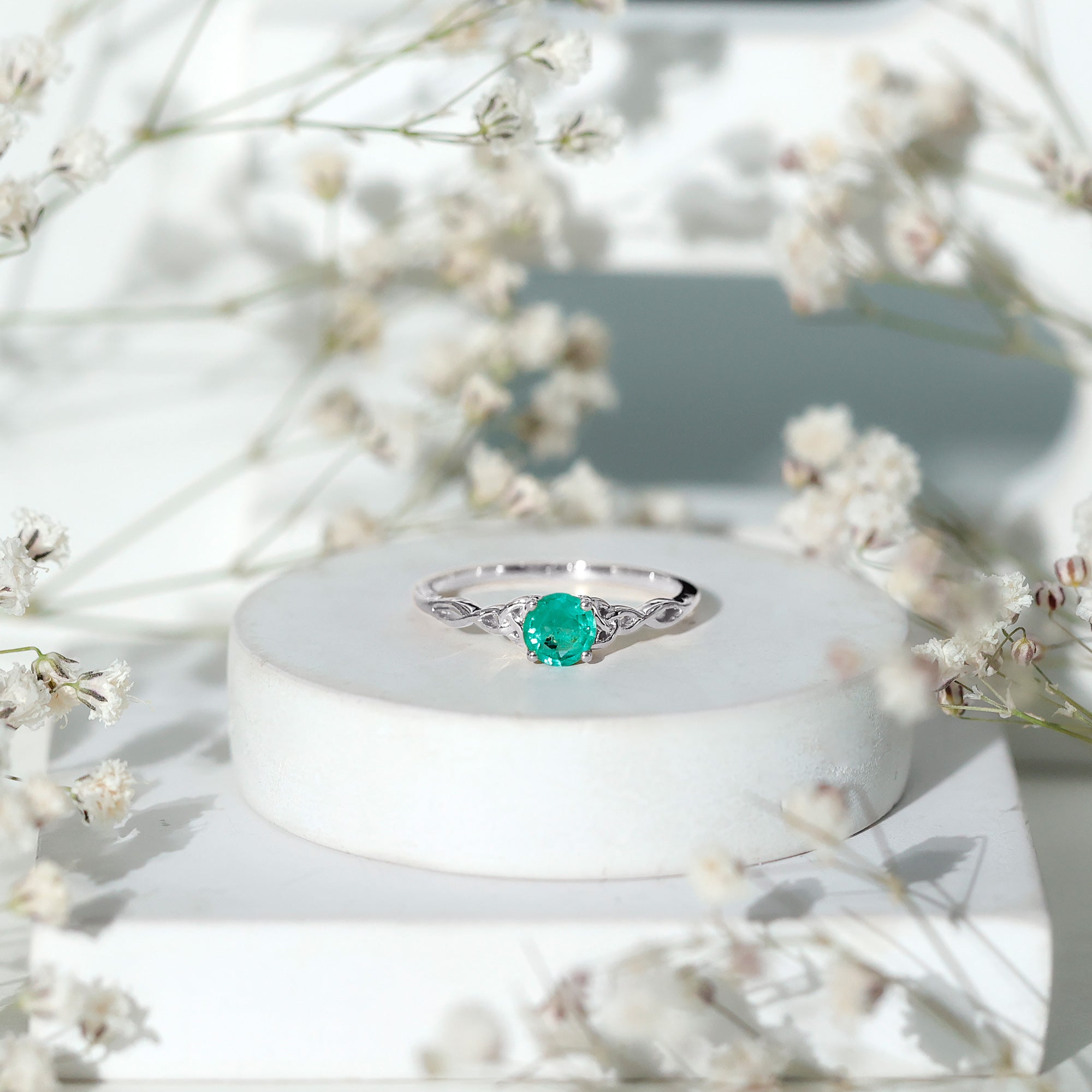 Solitaire Round Emerald Promise Ring with Celtic Band AAA - Rosec Jewels
