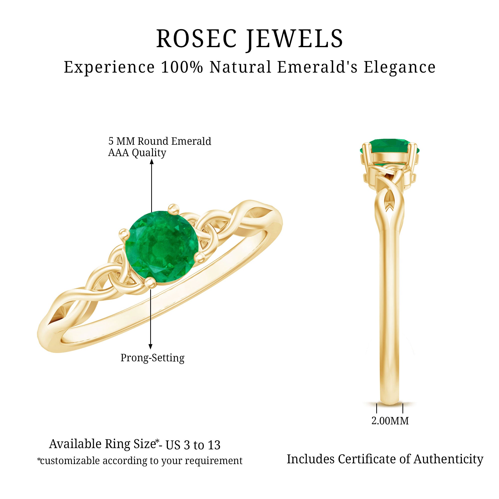 Solitaire Round Emerald Promise Ring with Celtic Band AAA - Rosec Jewels