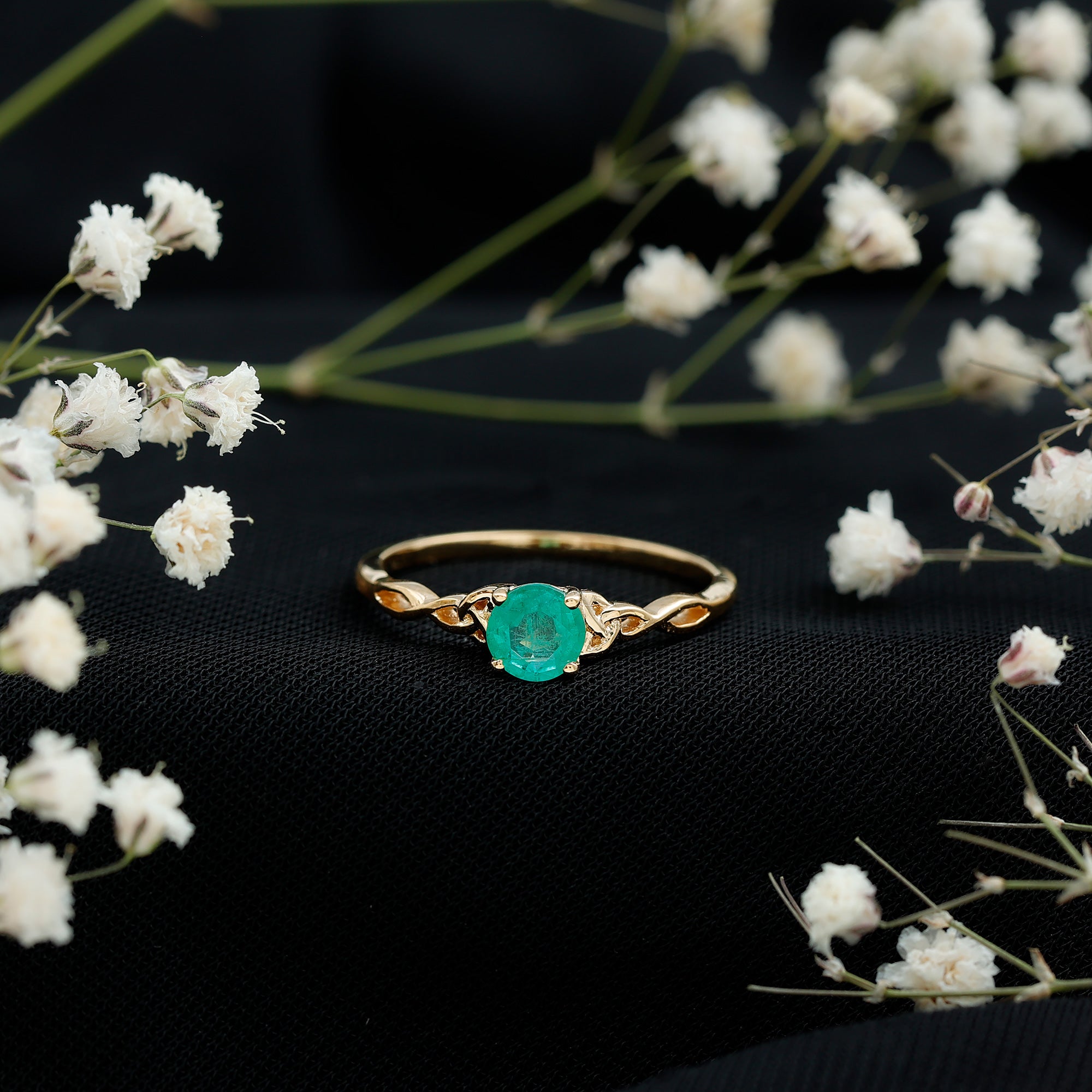 Solitaire Round Emerald Promise Ring with Celtic Band AAA - Rosec Jewels