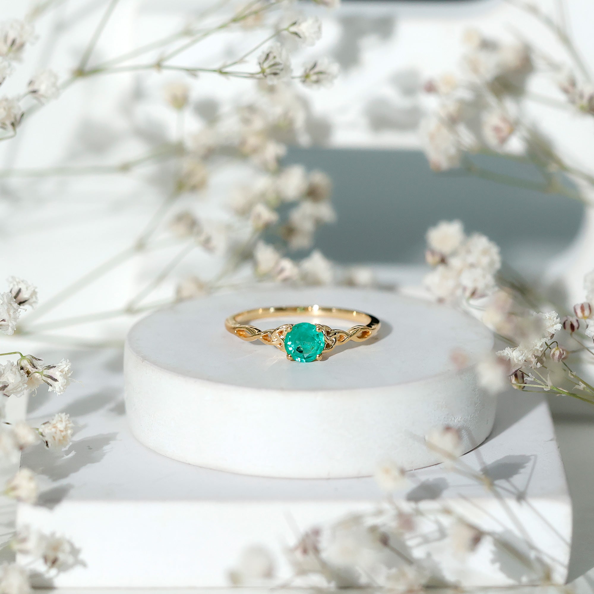 Solitaire Round Emerald Promise Ring with Celtic Band AAA - Rosec Jewels