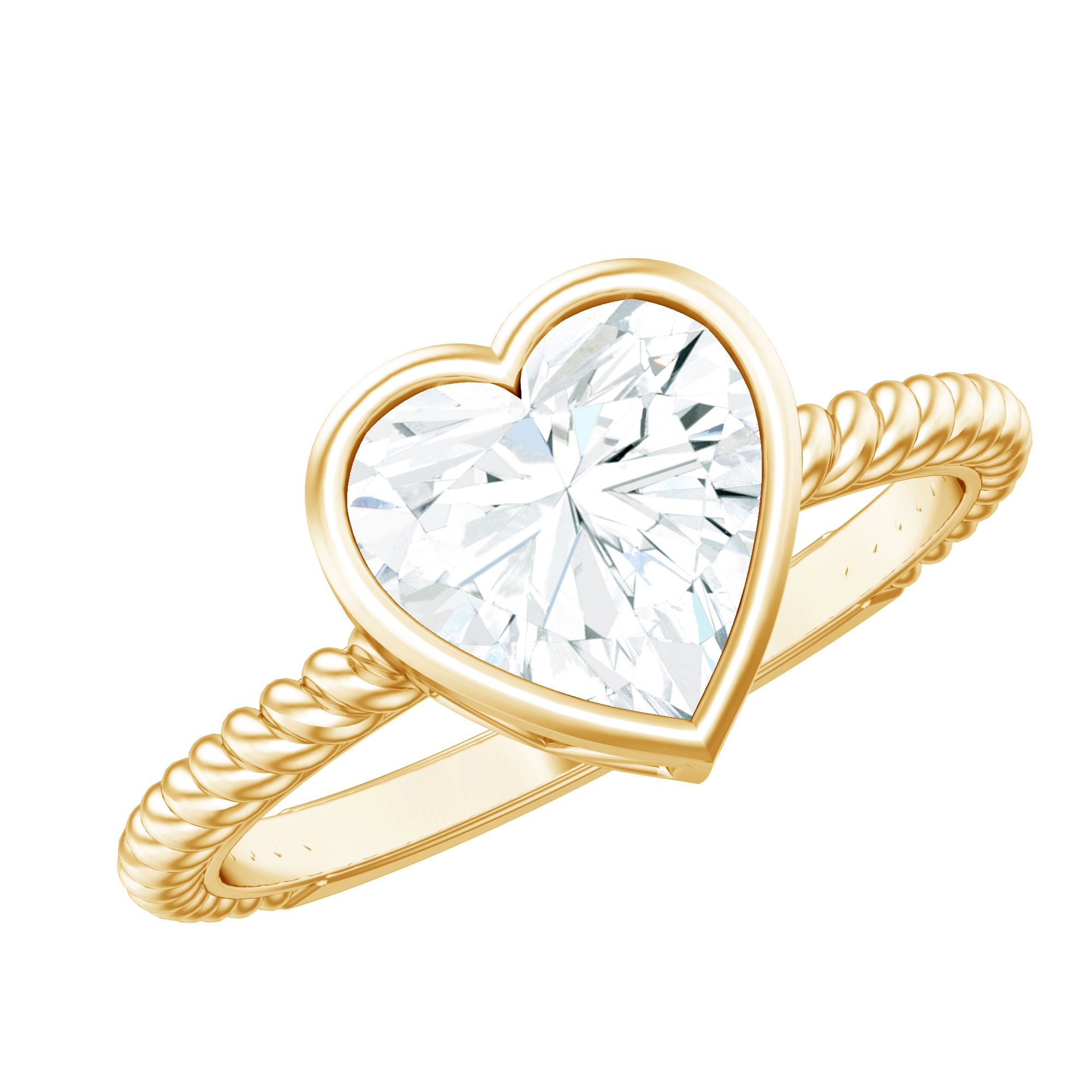 Bezel Set Moissanite Heart Engagement Ring with Twisted Rope Band D-VS1 - Rosec Jewels