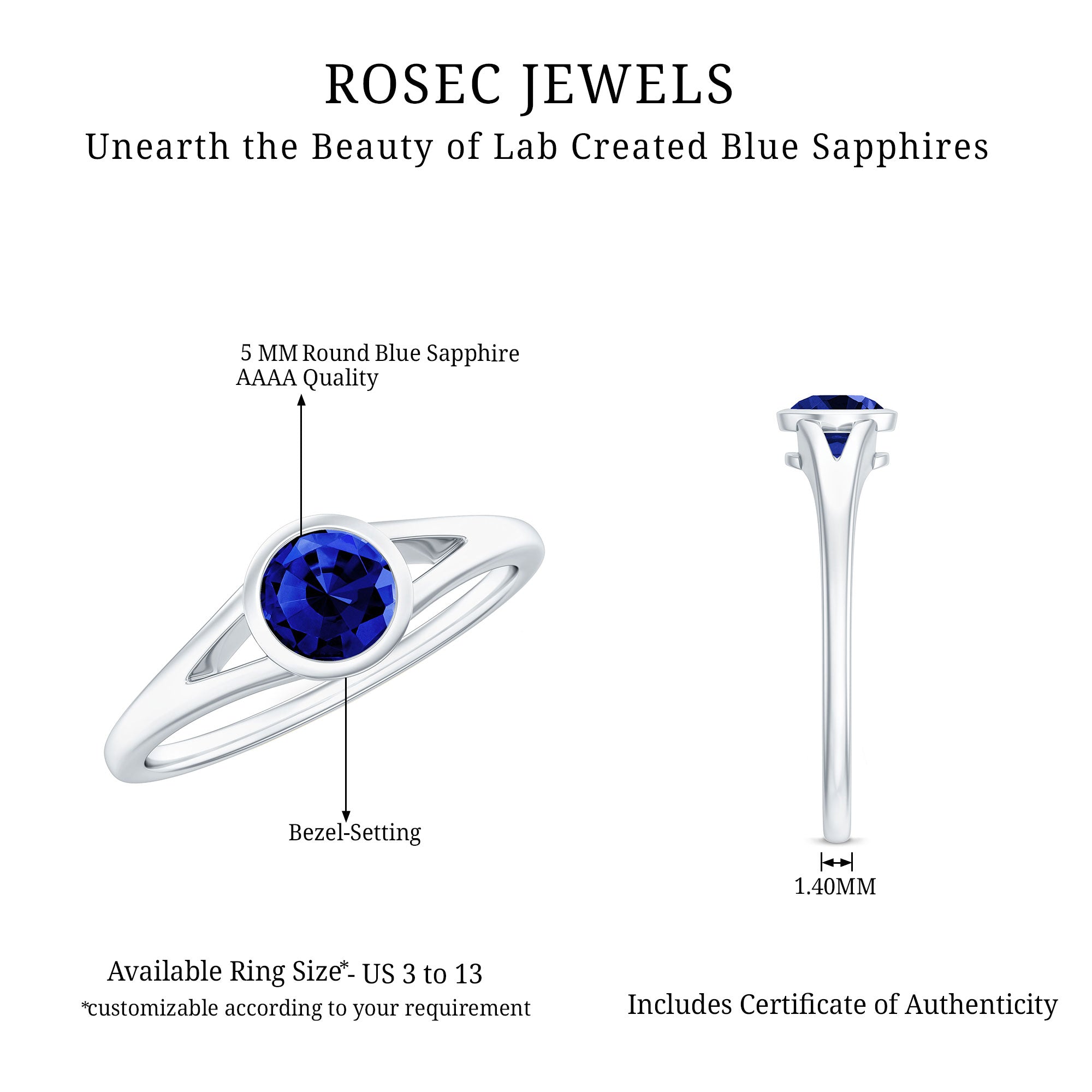 Certified 0.6 Carat Lab Grown Blue Sapphire Promise Ring with Split Shank AAAA - Rosec Jewels