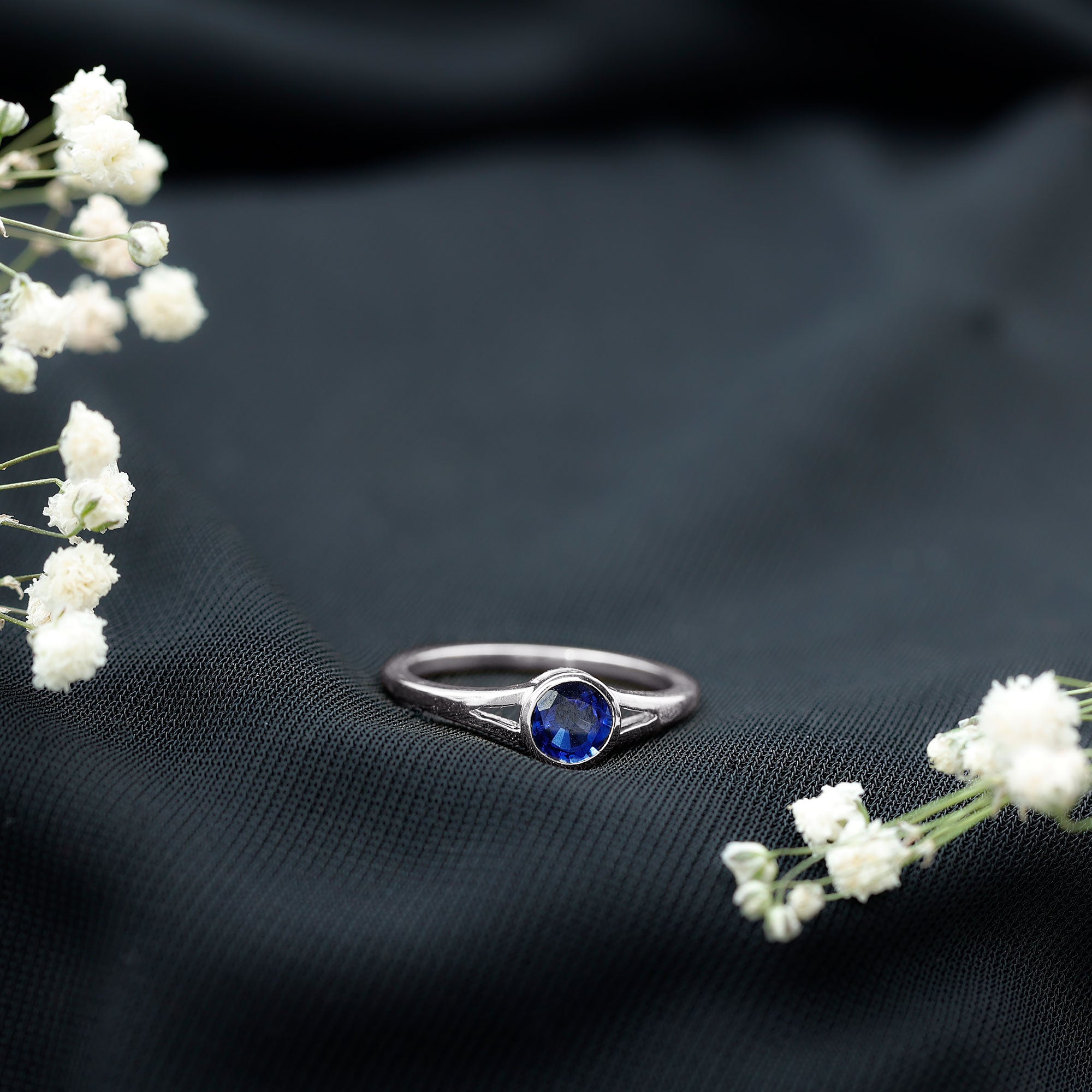 Certified 0.6 Carat Lab Grown Blue Sapphire Promise Ring with Split Shank AAAA - Rosec Jewels