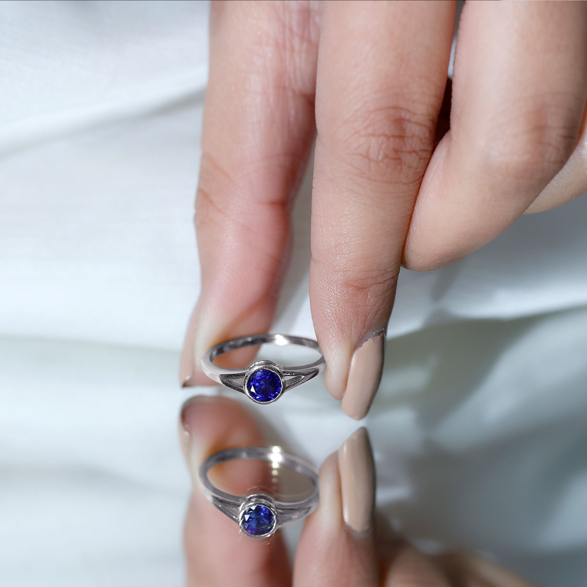Certified 0.6 Carat Lab Grown Blue Sapphire Promise Ring with Split Shank AAAA - Rosec Jewels