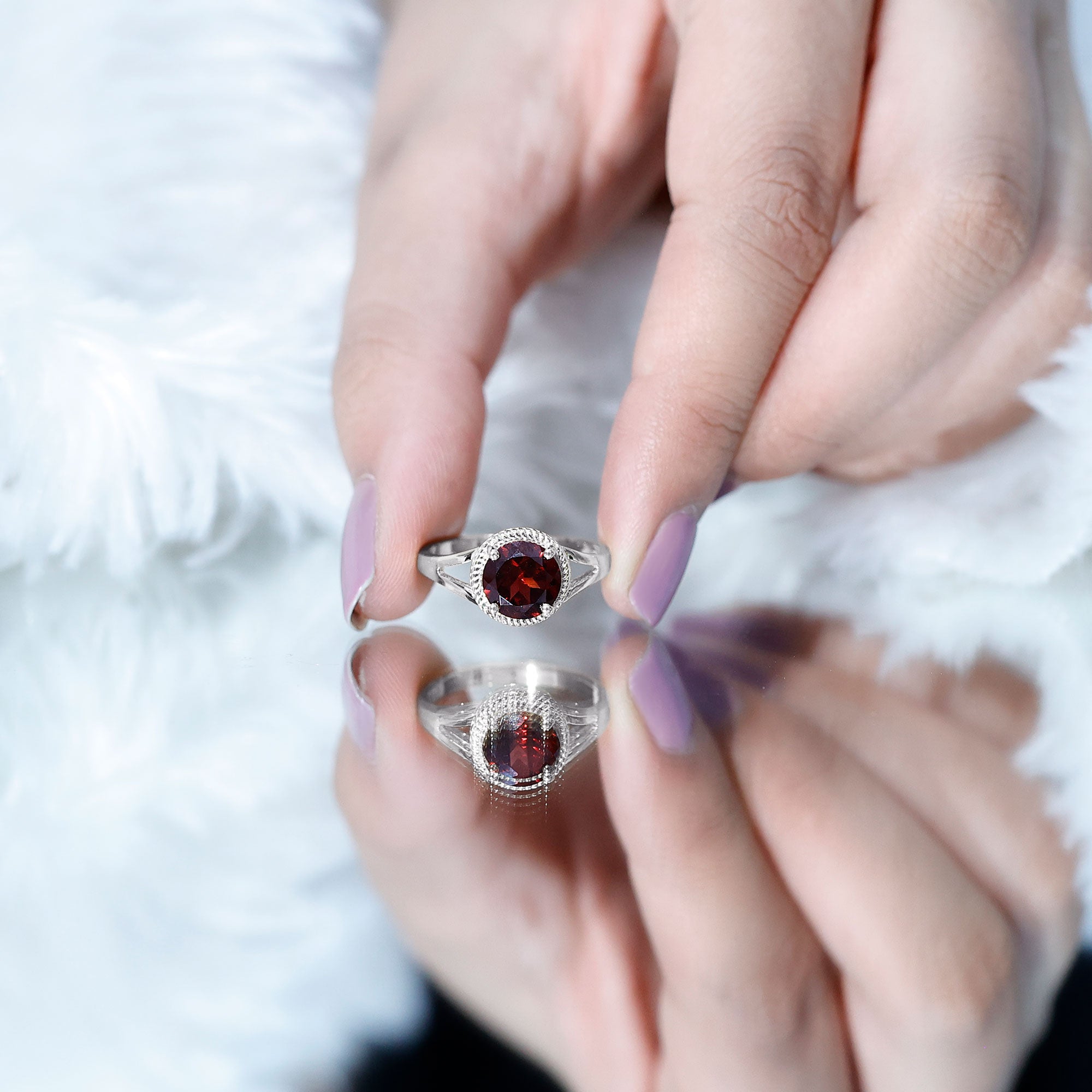 Real 8mm Solitaire Garnet Engagement Ring with Split Shank AAA - Rosec Jewels