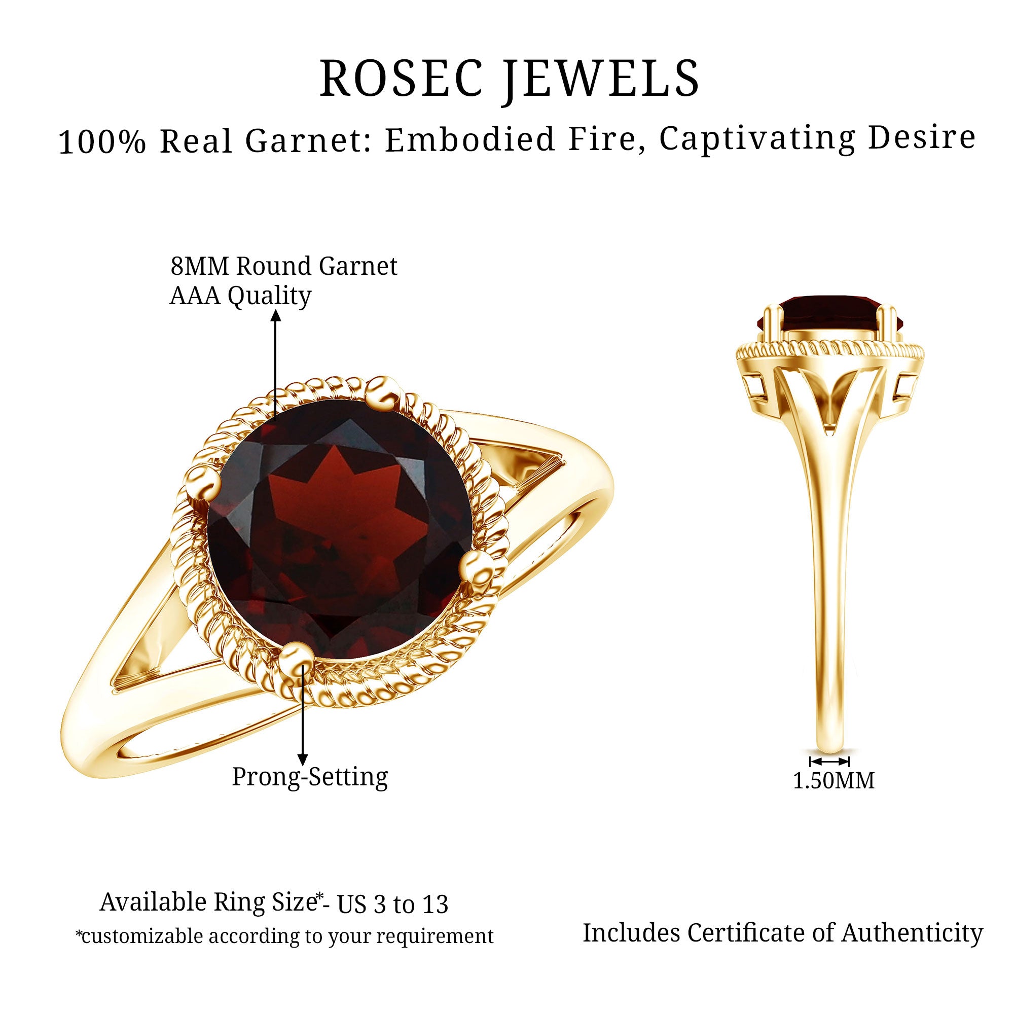 Real 8mm Solitaire Garnet Engagement Ring with Split Shank AAA - Rosec Jewels
