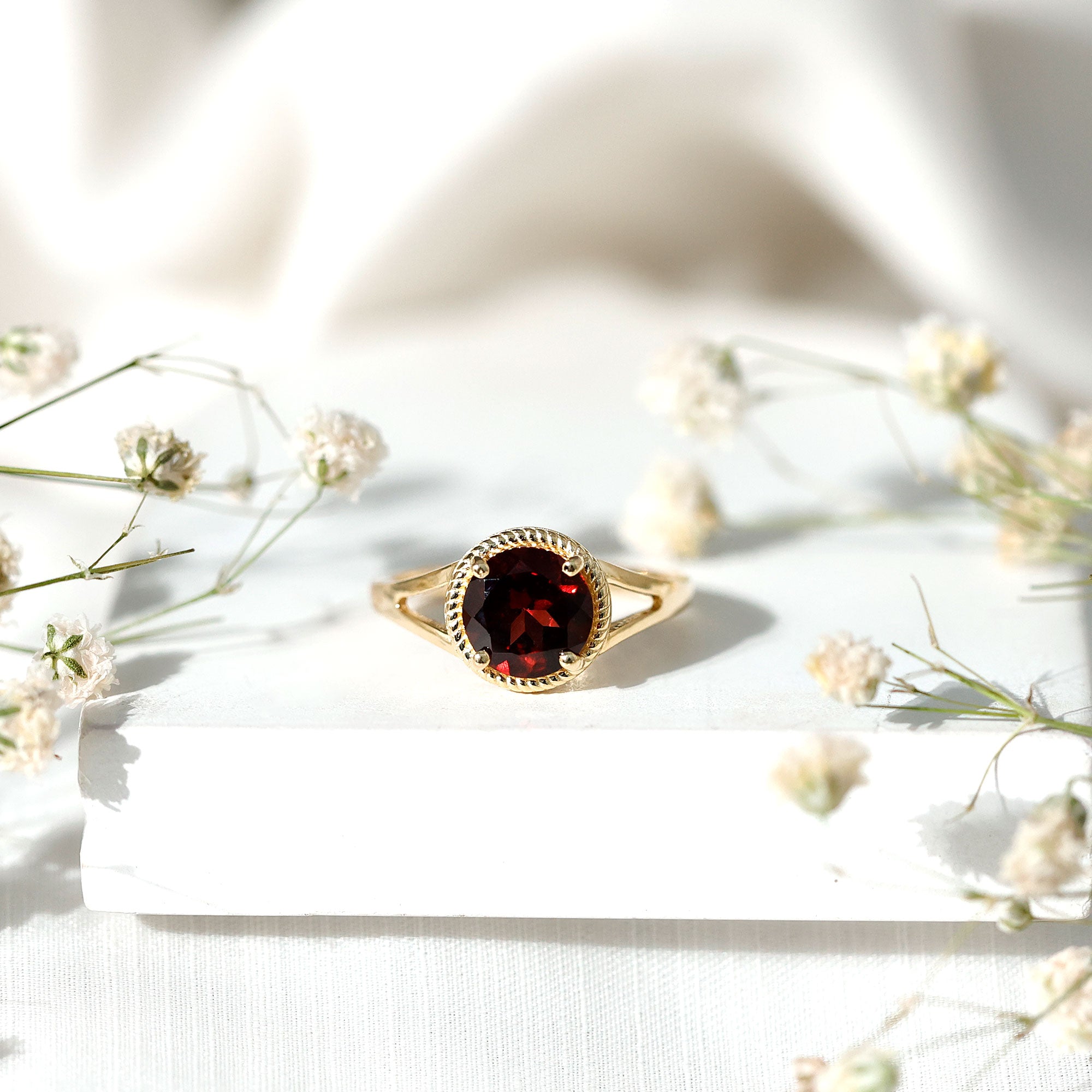 Real 8mm Solitaire Garnet Engagement Ring with Split Shank AAA - Rosec Jewels