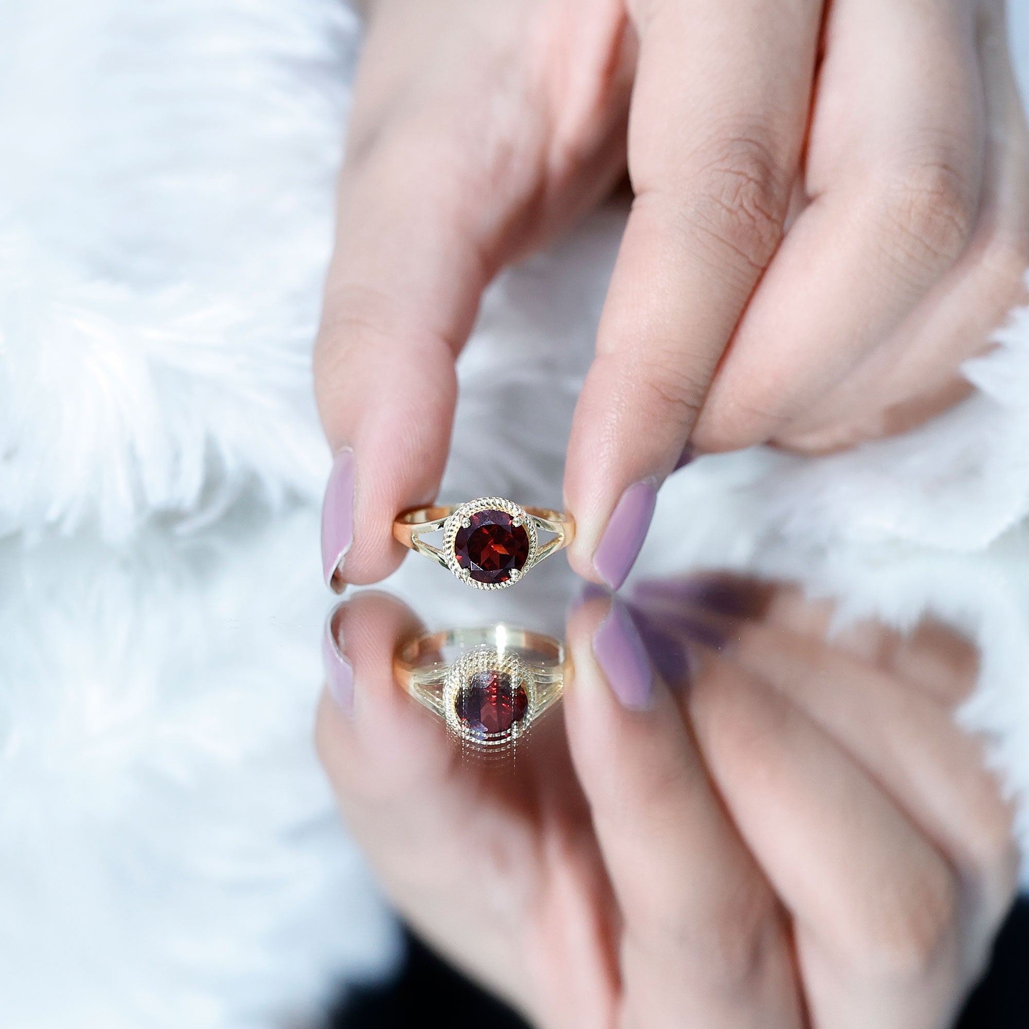 Real 8mm Solitaire Garnet Engagement Ring with Split Shank AAA - Rosec Jewels