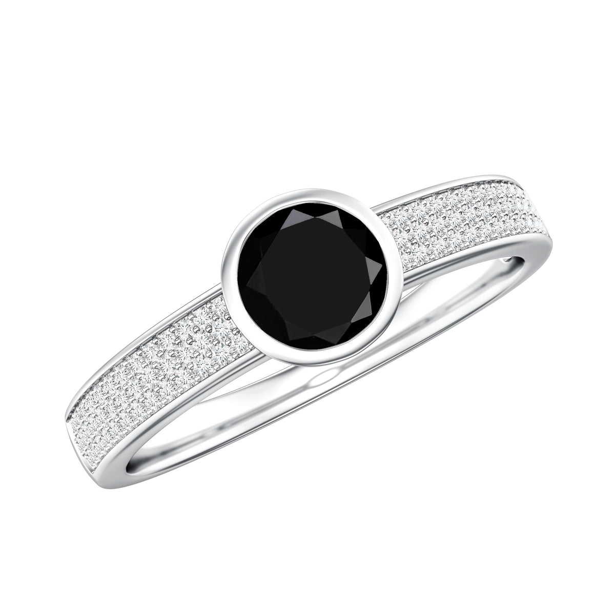 Natural Black Spinel Bezel Set Engagement Ring with Diamond Side Stones AAA - Rosec Jewels