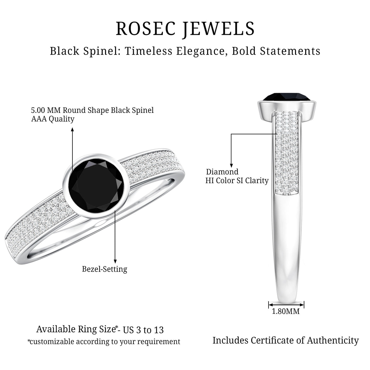 Natural Black Spinel Bezel Set Engagement Ring with Diamond Side Stones AAA - Rosec Jewels