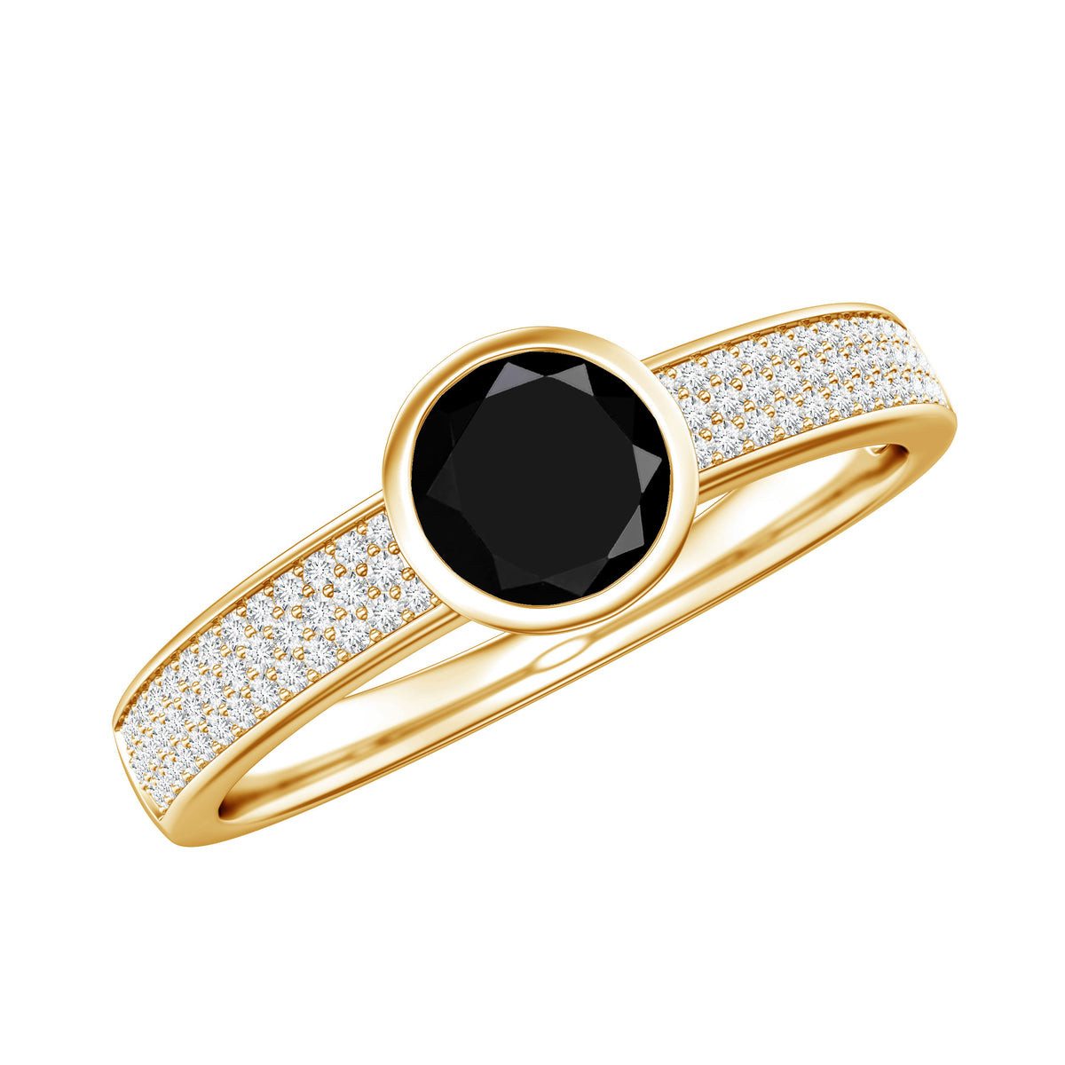 Natural Black Spinel Bezel Set Engagement Ring with Diamond Side Stones AAA - Rosec Jewels